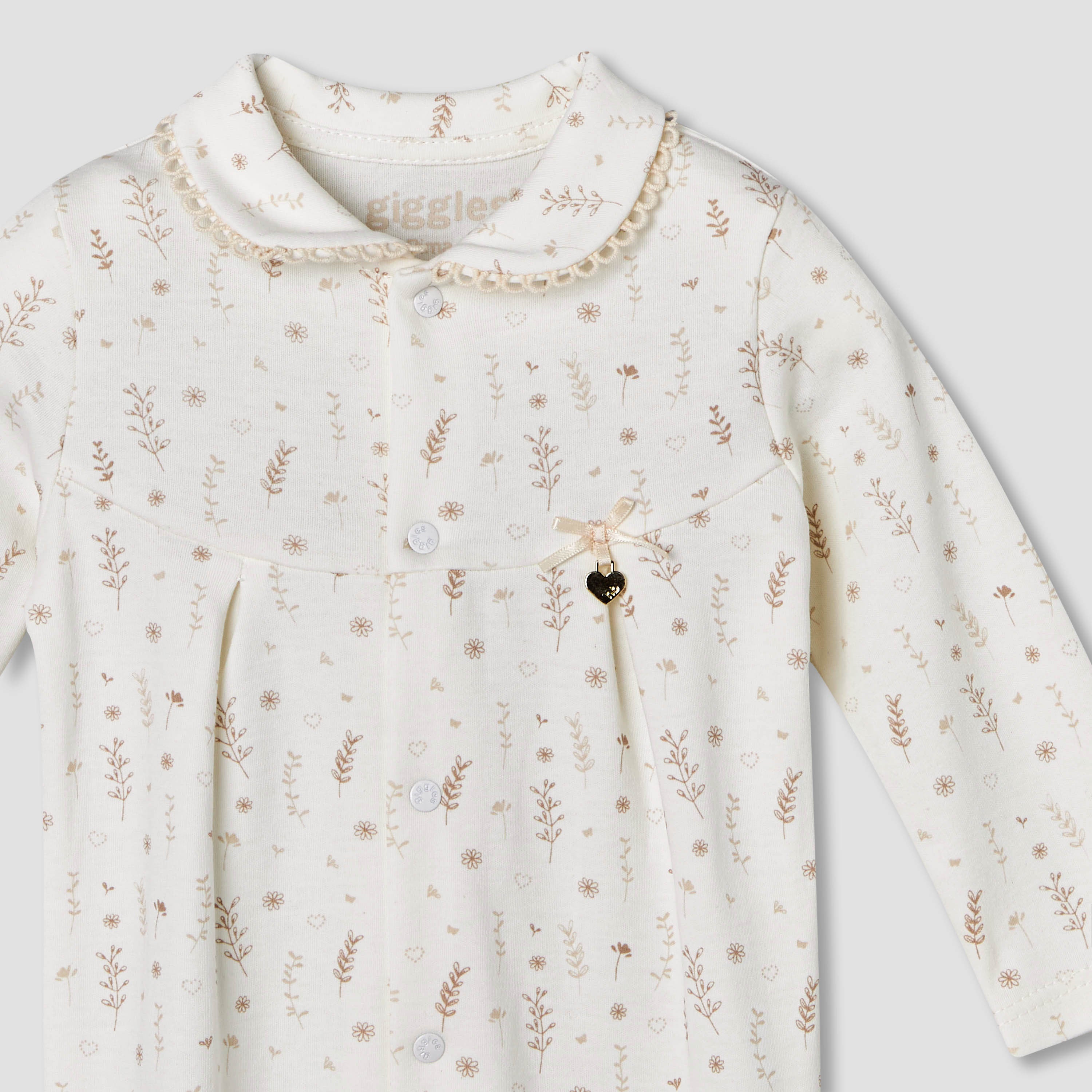 Giggles Supima Cotton Peter Pan Collar Long Sleeves Sleepsuit with Floral Print