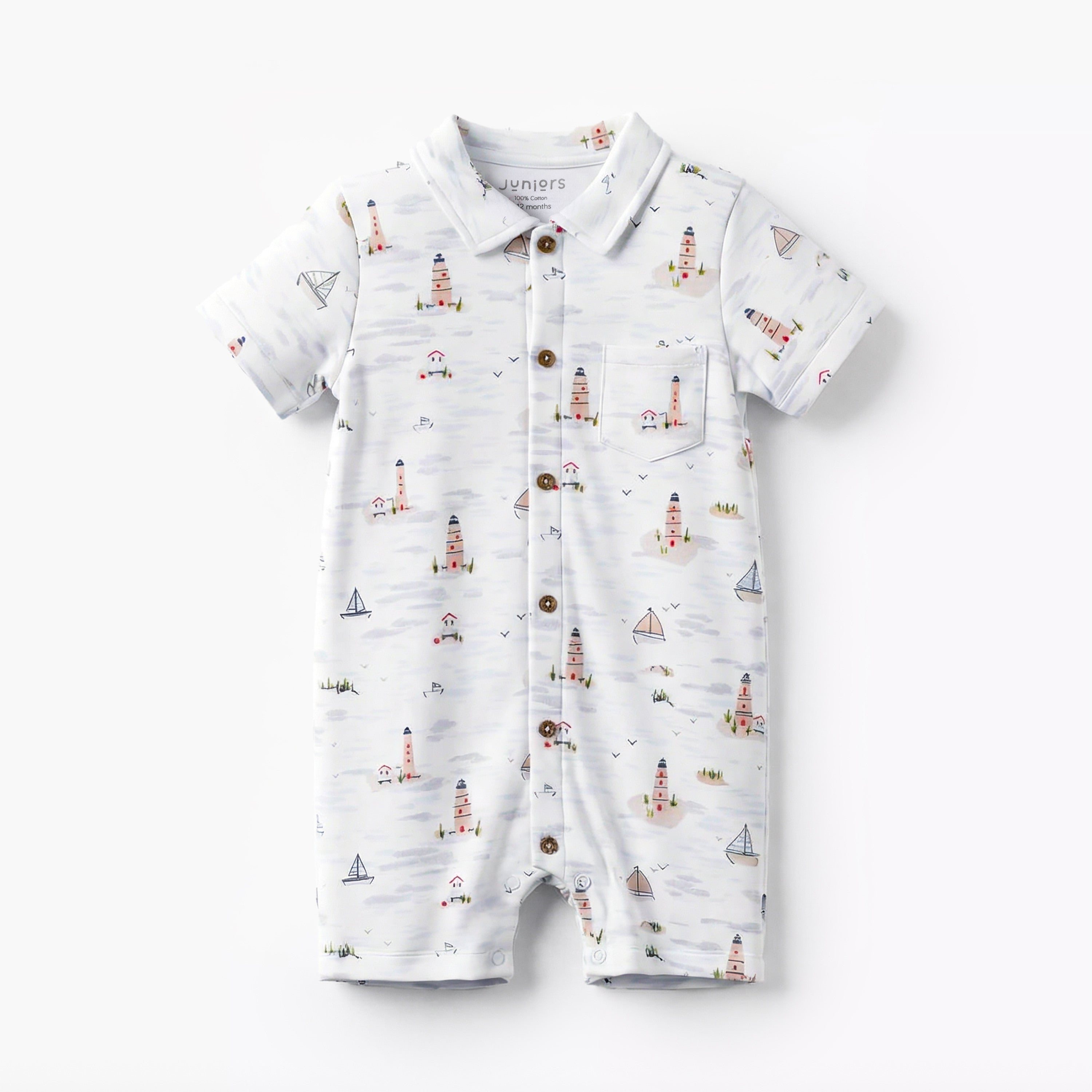 Juniors Collared Short Sleeve Romper with Button Closure - White / 12-18 mths