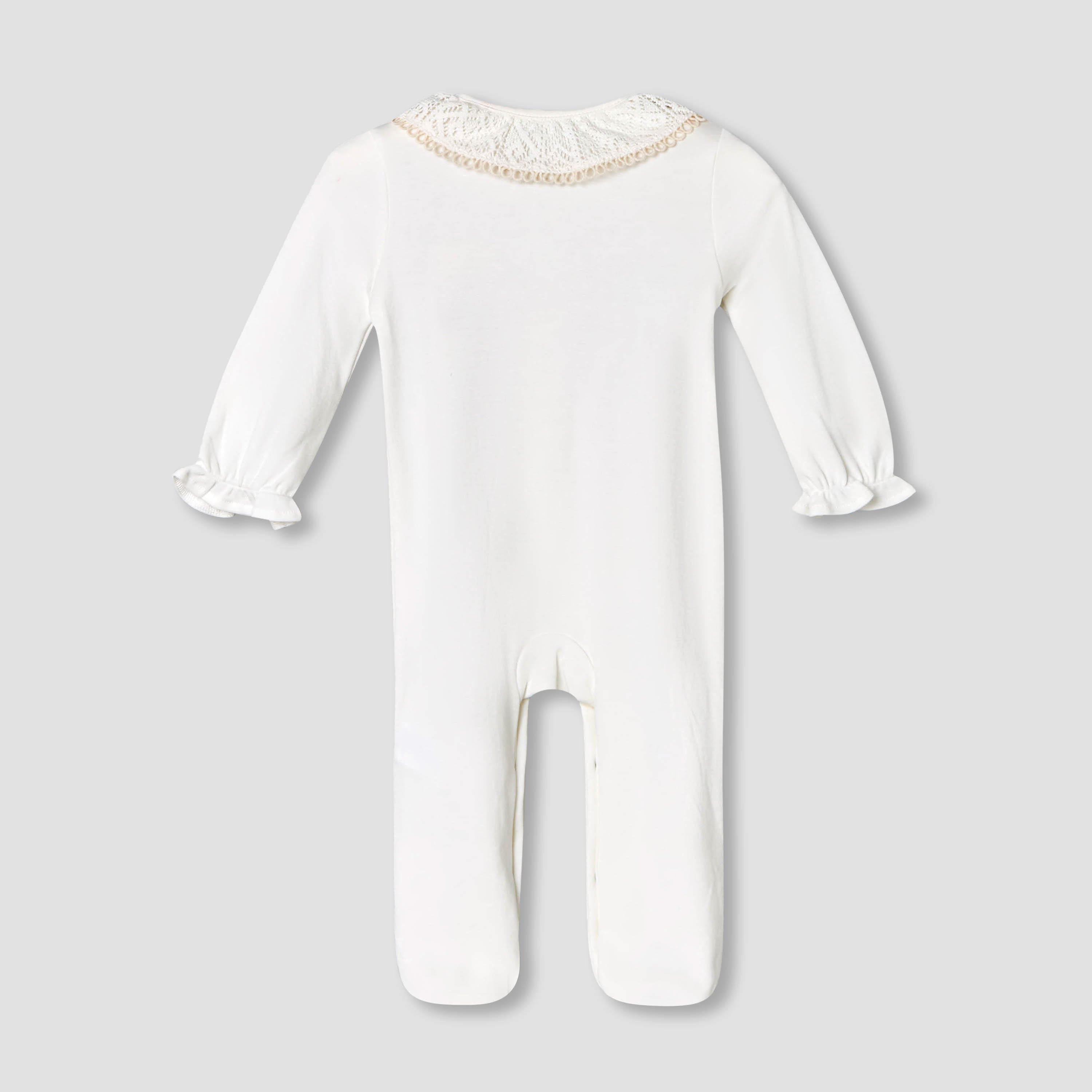 Giggles Supima Cotton Collar Long Sleeves Sleepsuit with Floral Embroidery