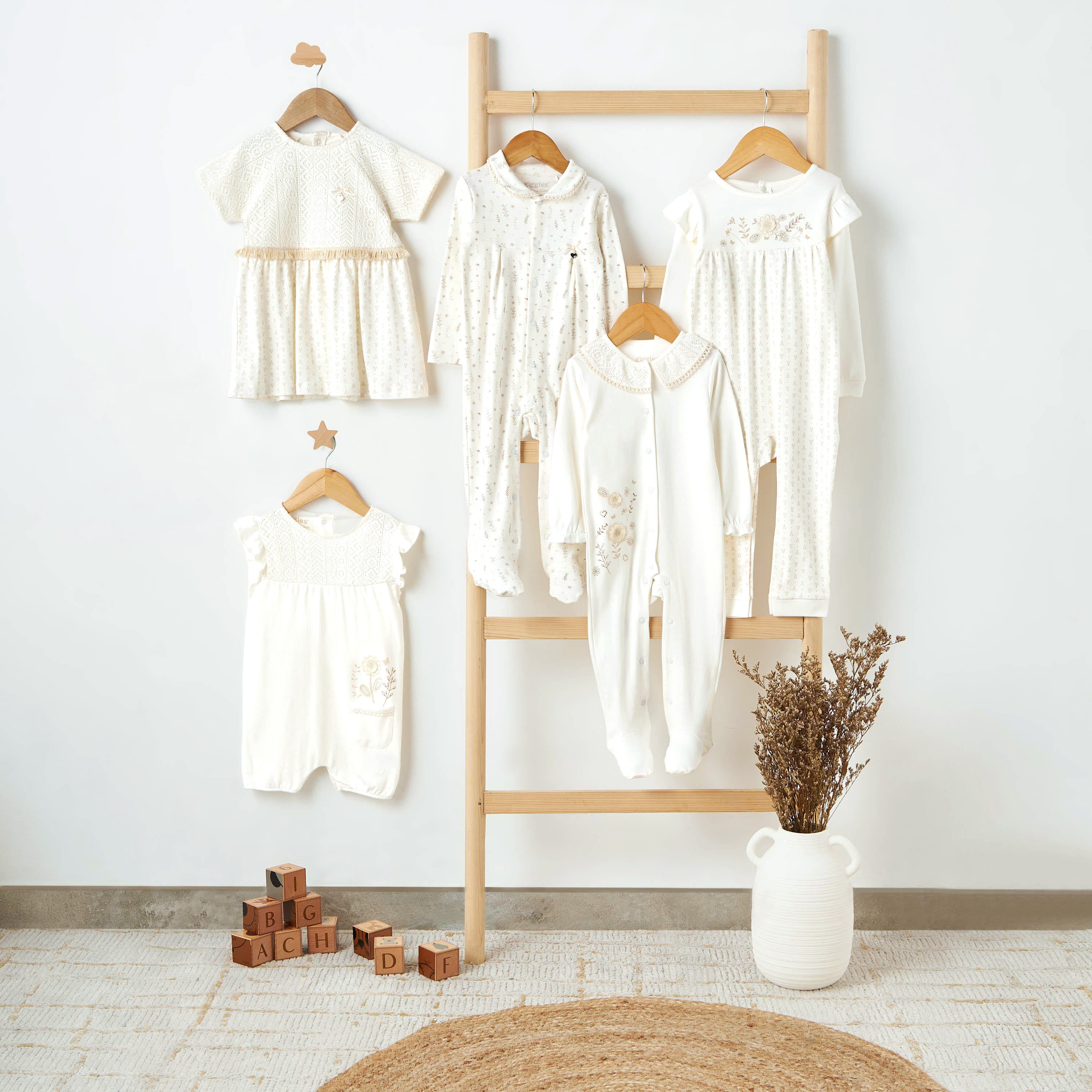 Giggles Supima Cotton Collar Long Sleeves Sleepsuit with Floral Embroidery