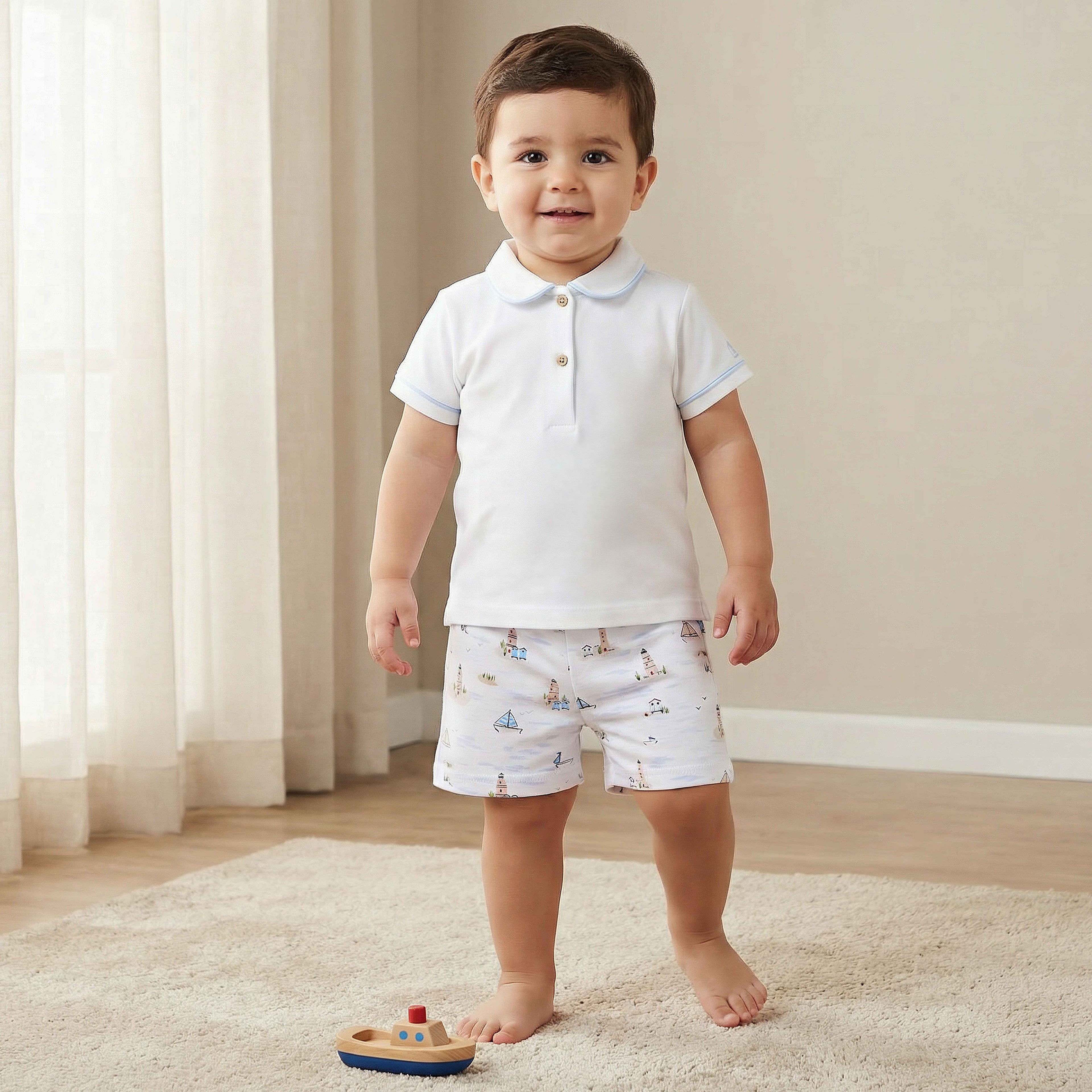 Juniors Cotton Collared Short Sleeves T-shirt and Shorts Set with Nautical Print