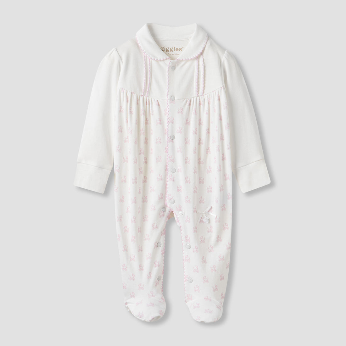 Giggles Pram Print Collared Sleepsuit with Long Sleeves - Cream / 9-12 mths