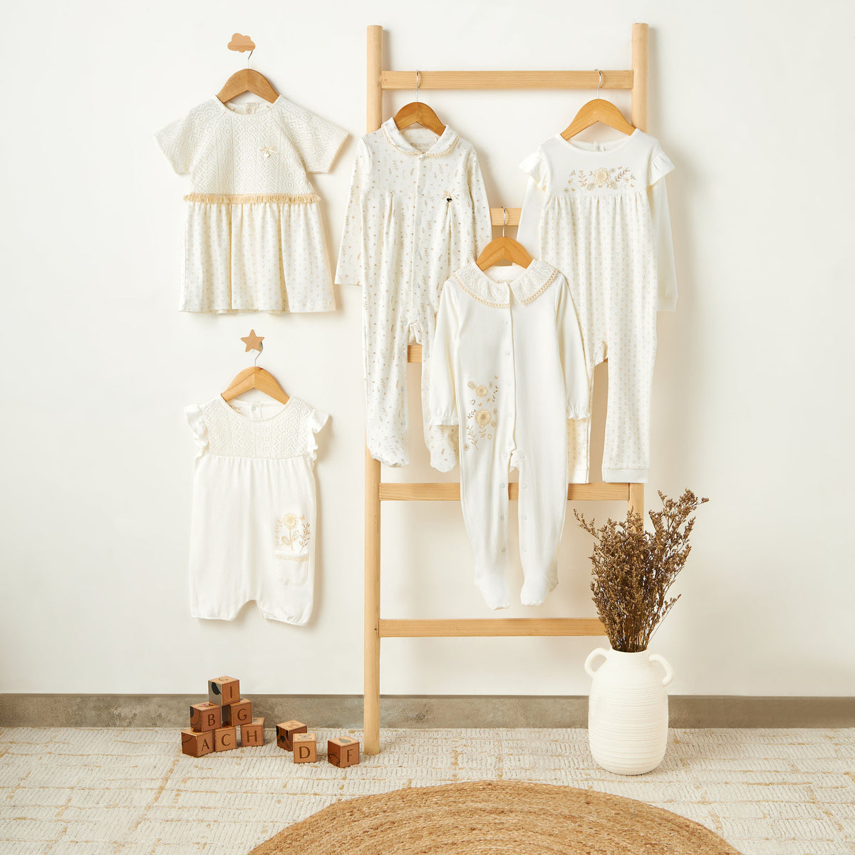 Giggles Cotton Round Neck Long Sleeves Sleepsuit with Floral Embroidery