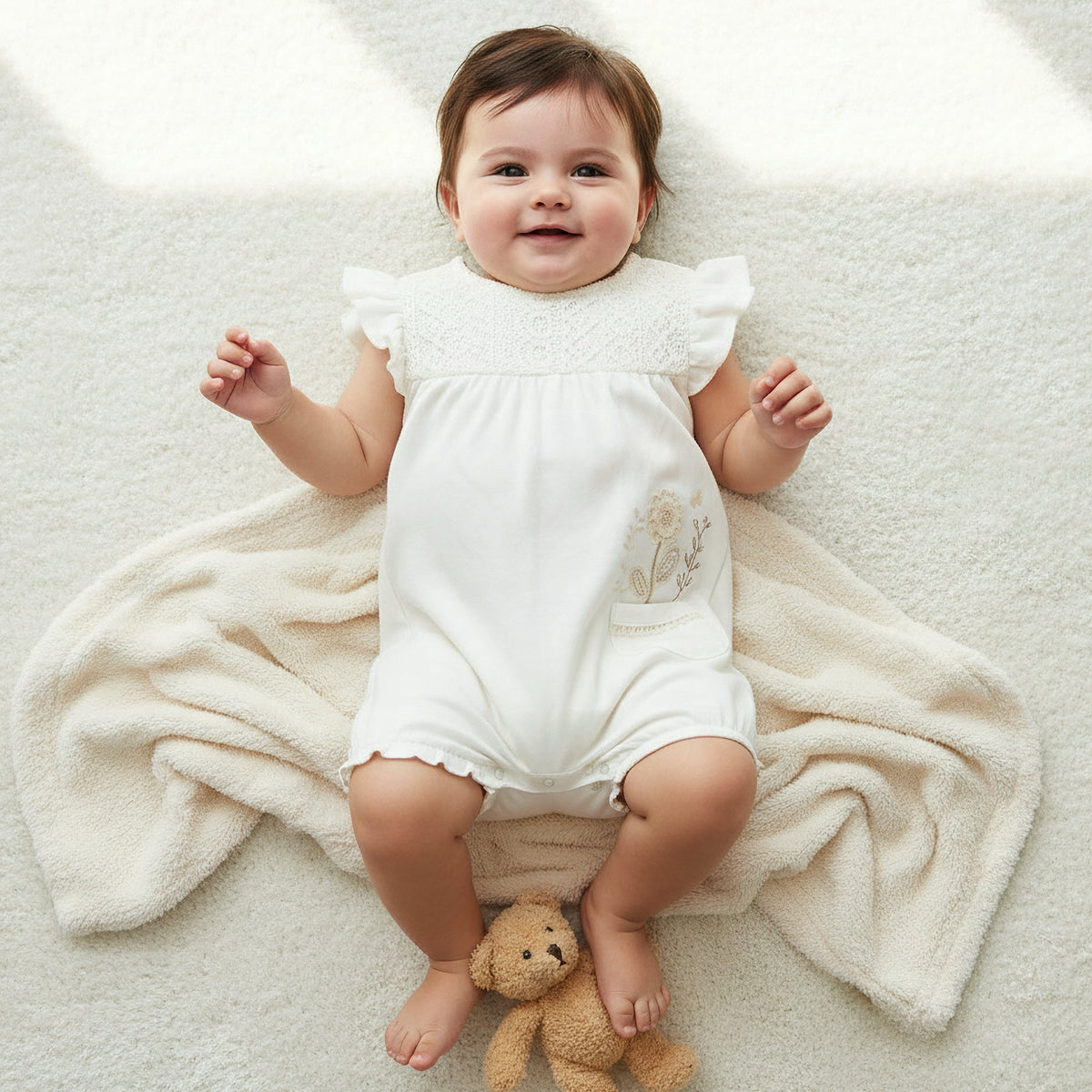 Giggles Round Neck Ruffle Sleeves Romper with Floral Embroidery