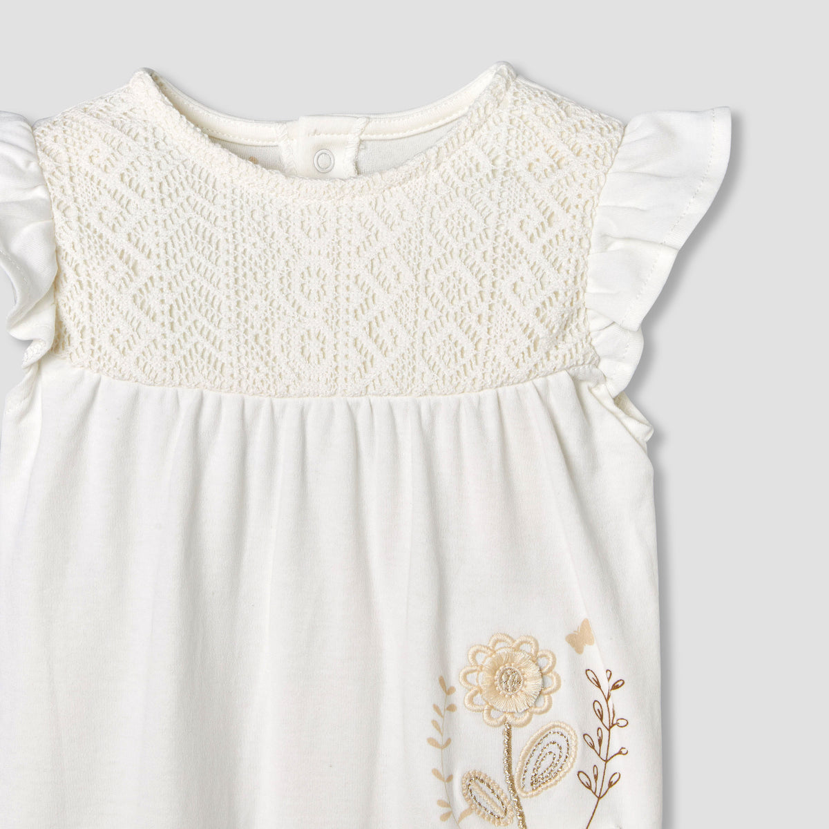 Giggles Round Neck Ruffle Sleeves Romper with Floral Embroidery