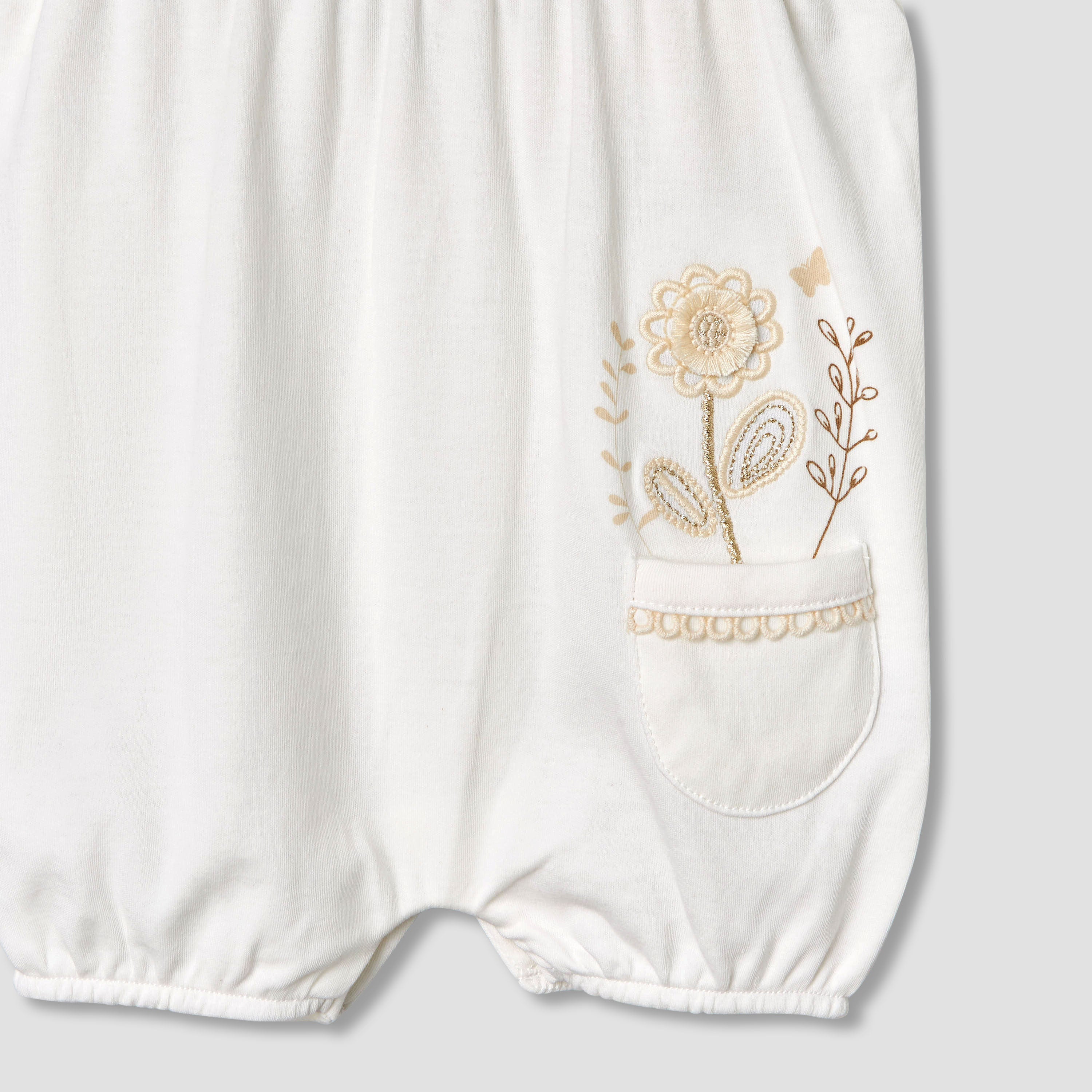 Giggles Round Neck Ruffle Sleeves Romper with Floral Embroidery