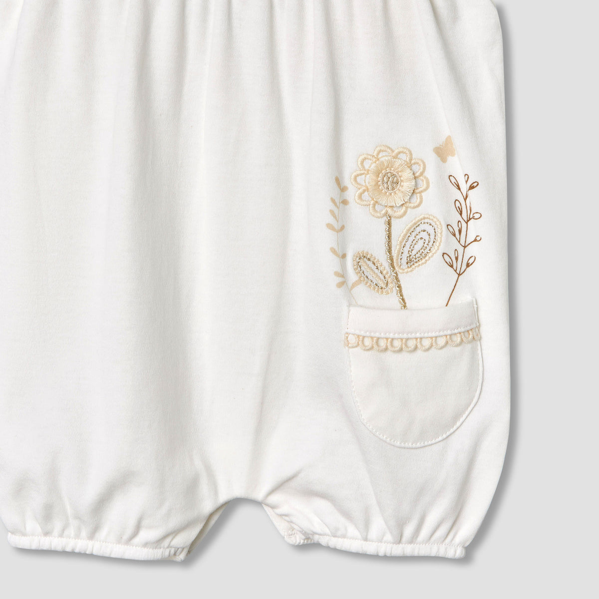 Giggles Round Neck Ruffle Sleeves Romper with Floral Embroidery