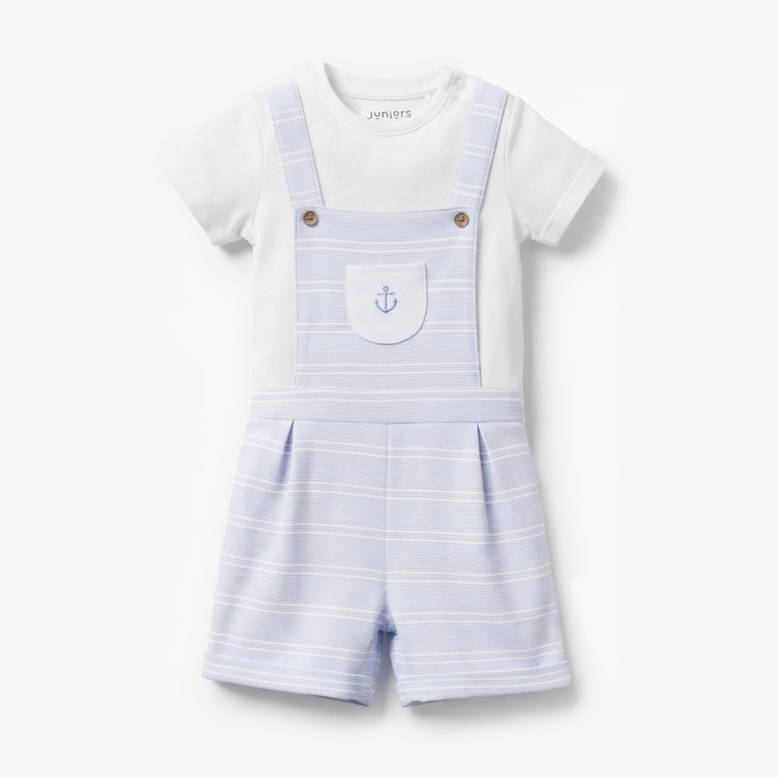 Juniors Round Neck Short Sleeves T-shirt and Dungaree Set with Stripes - Blue / 12-18 mths