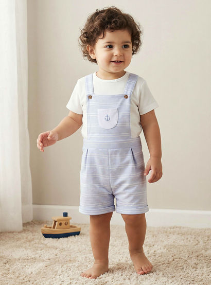 Juniors Round Neck Short Sleeves T-shirt and Dungaree Set with Stripes-baby-boys-clothing-setsandcoords-image-1