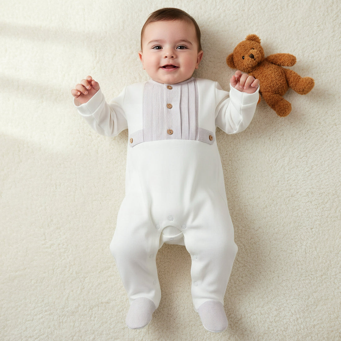 Giggles Cotton Round Neck Long Sleeves Sleepsuit with Snap Button Closure - Brown / 9-12 mths