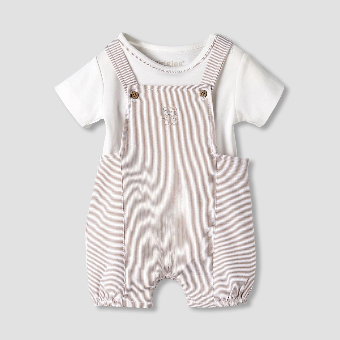 Giggles Round Neck Short Sleeve T-shirt and Dungaree Set with Snap Button Closure - Multicolour / 12-18 mths