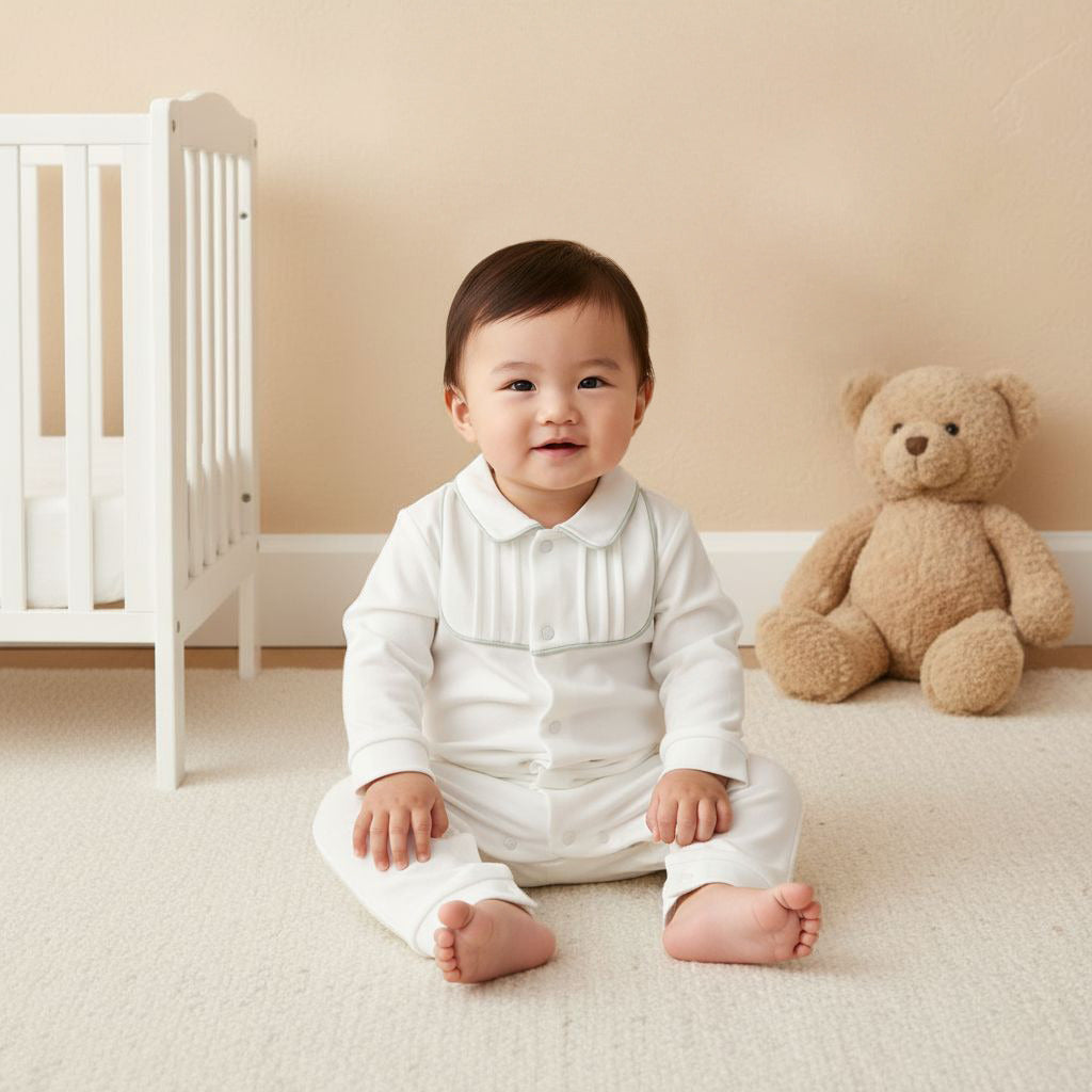 Giggles Pintuck Detail Collared Sleepsuit with Long Sleeves
