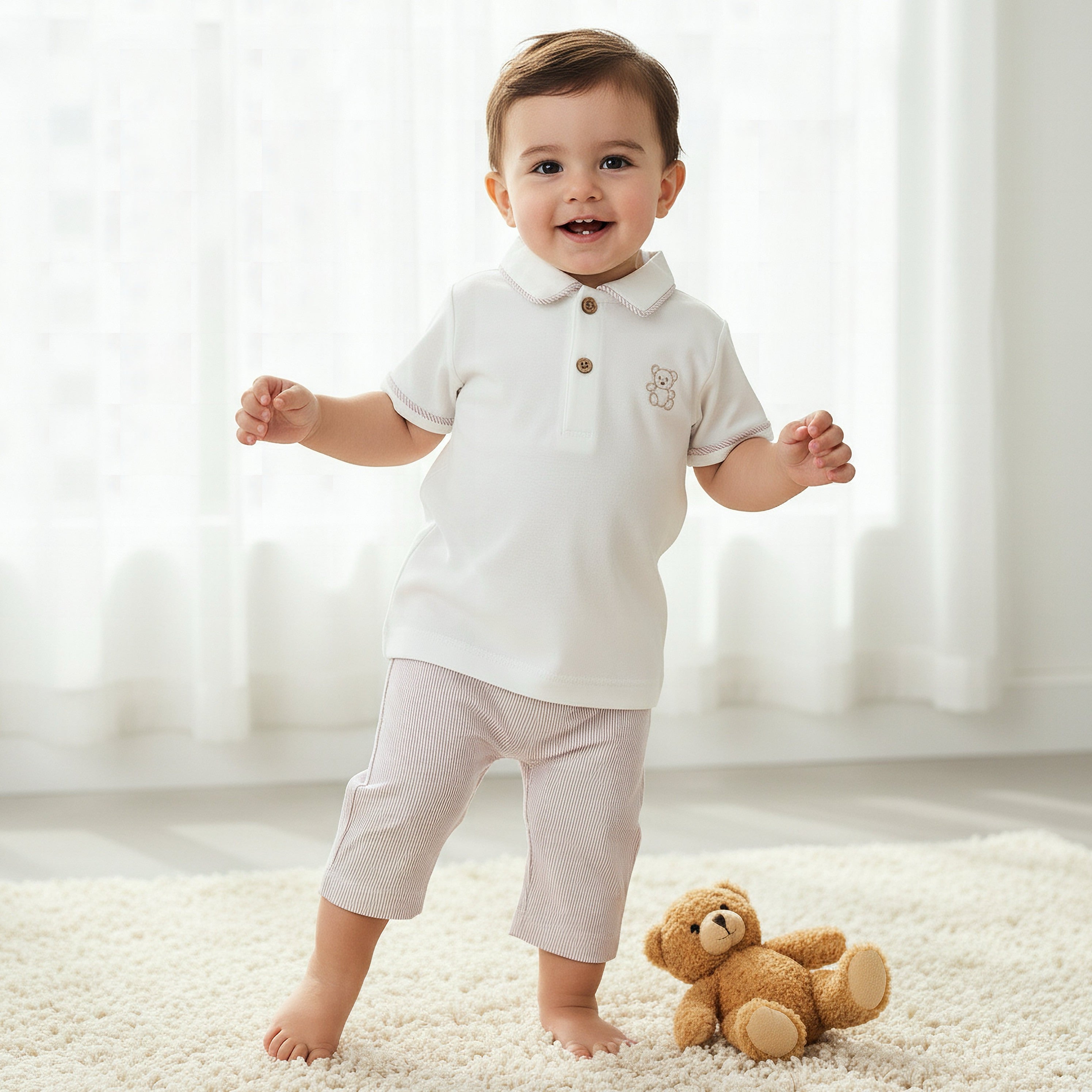 Giggles Cotton Collared Short Sleeves Pyjama Set with Striped Design - Brown / 12-18 mths