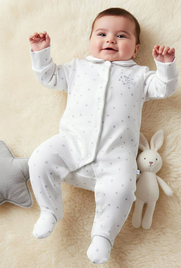 Giggles Cotton Collared Neck Long Sleeve Sleepsuit with Snap Button Closure