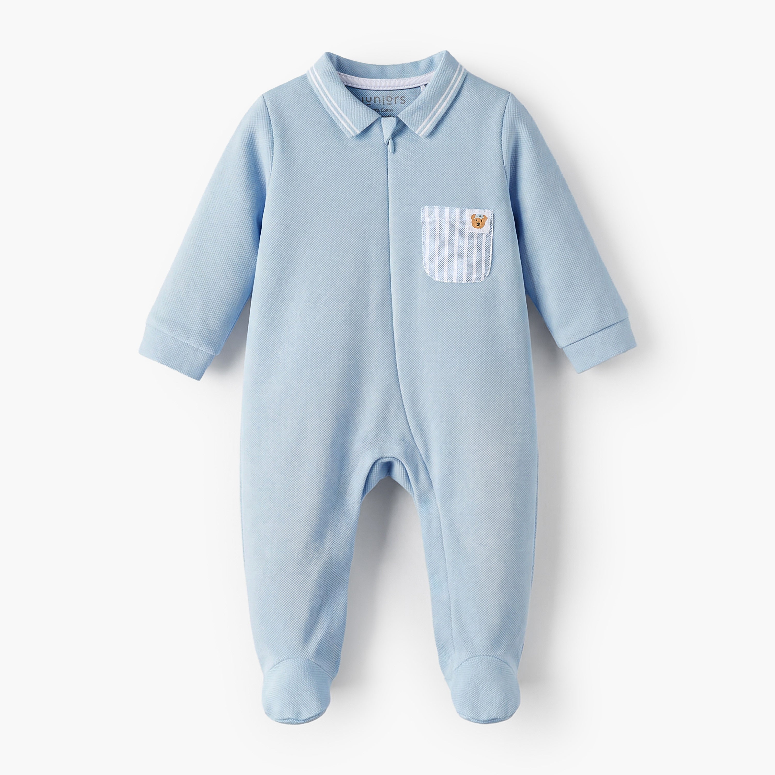 Juniors Cotton Collared Long Sleeves Sleepsuit with Pocket Detail - Blue / 9-12 mths