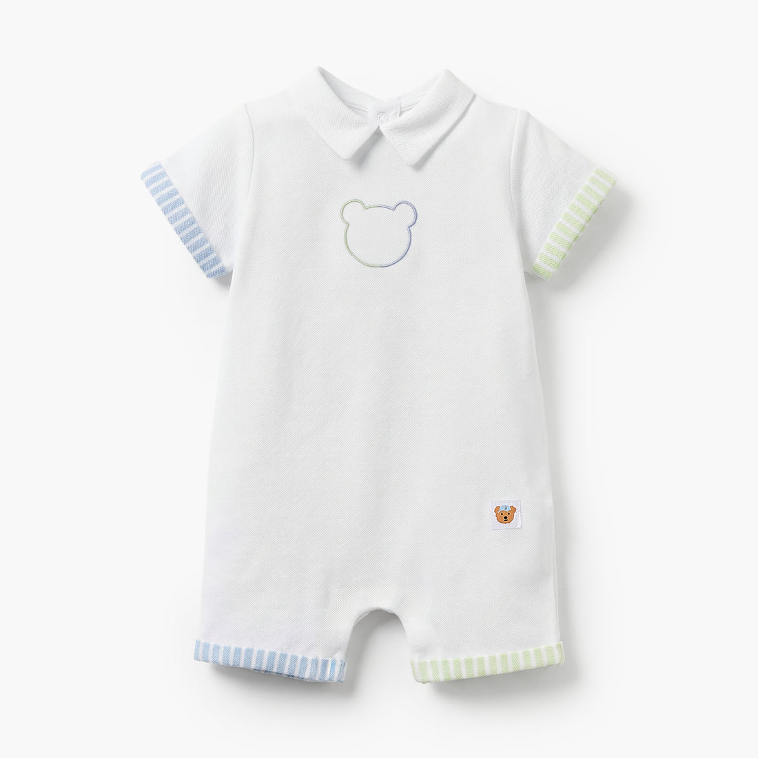 Juniors Collared Short Sleeves Romper with Bear Embroidery - White / 12-18 mths