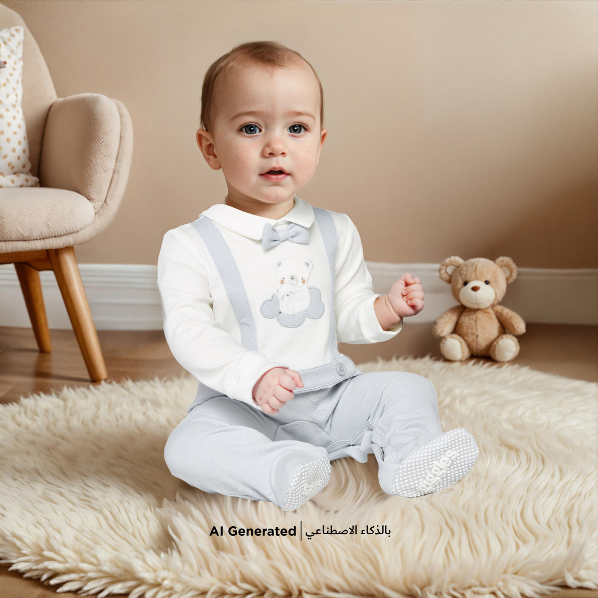 Giggles Bear Applique Closed Feet Sleepsuit with Long Sleeves