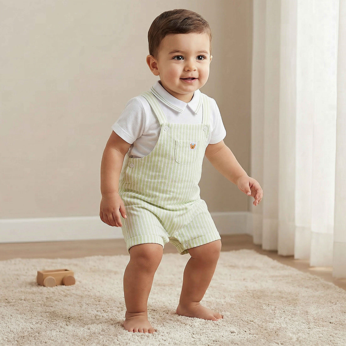 Juniors Peter Pan Collar Short Sleeves Polo T-shirt and Dungaree Set with Stripes - Green / 12-18 mths