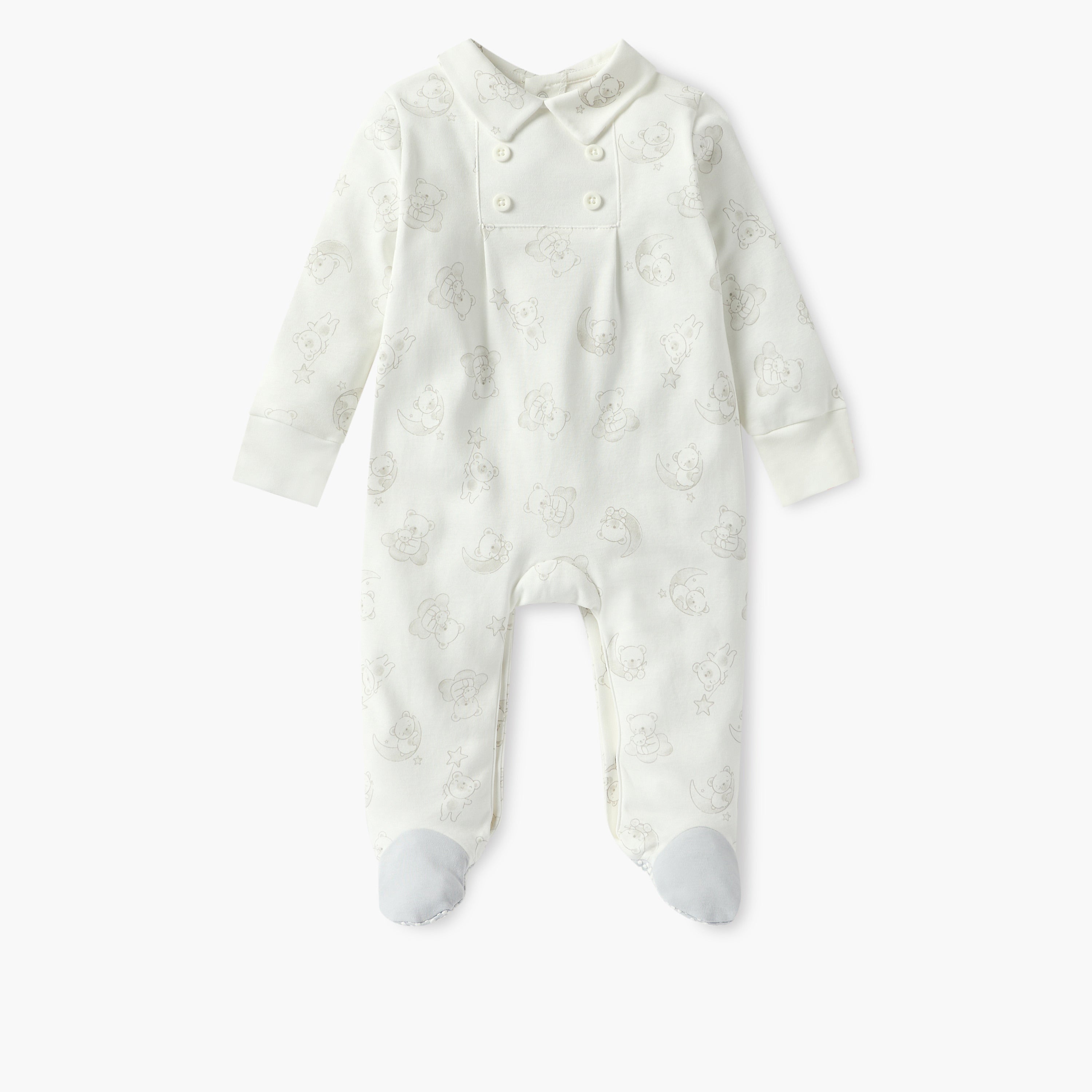 Giggles Bear Print Closed Feet Sleepsuit with Long Sleeves - White / 12-18 mths