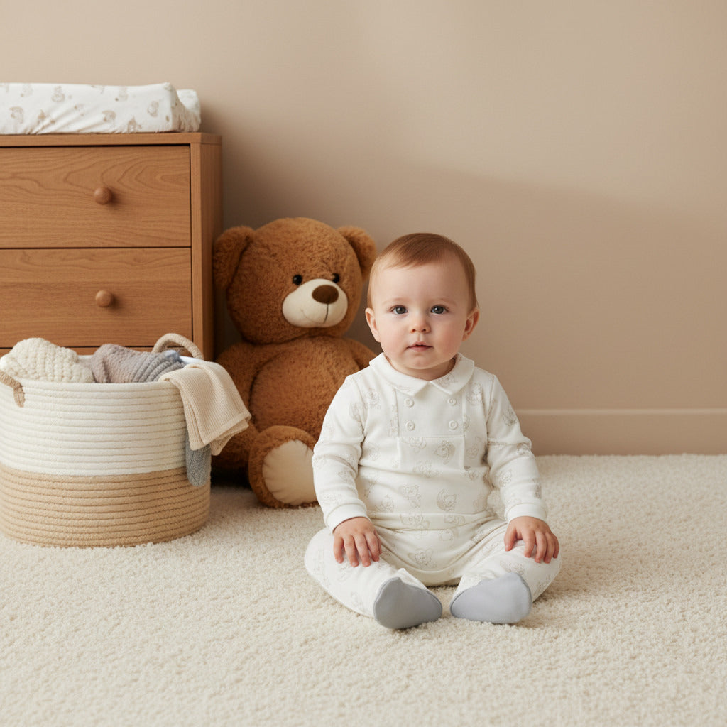 Giggles Bear Print Closed Feet Sleepsuit with Long Sleeves