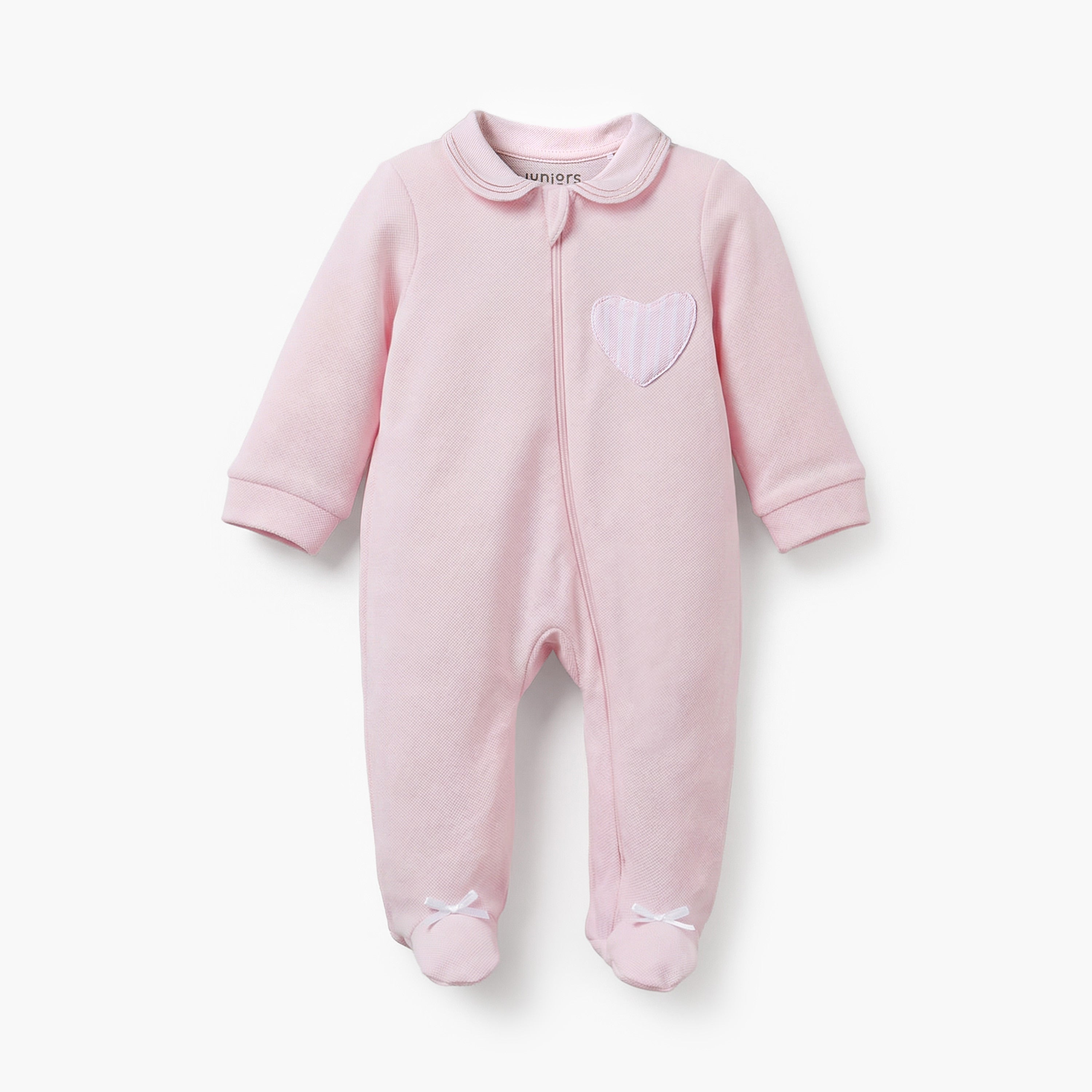 Juniors Cotton Peter Pan Collar Long Sleeves Sleepsuit with Heart Applique - Pink / 9-12 mths