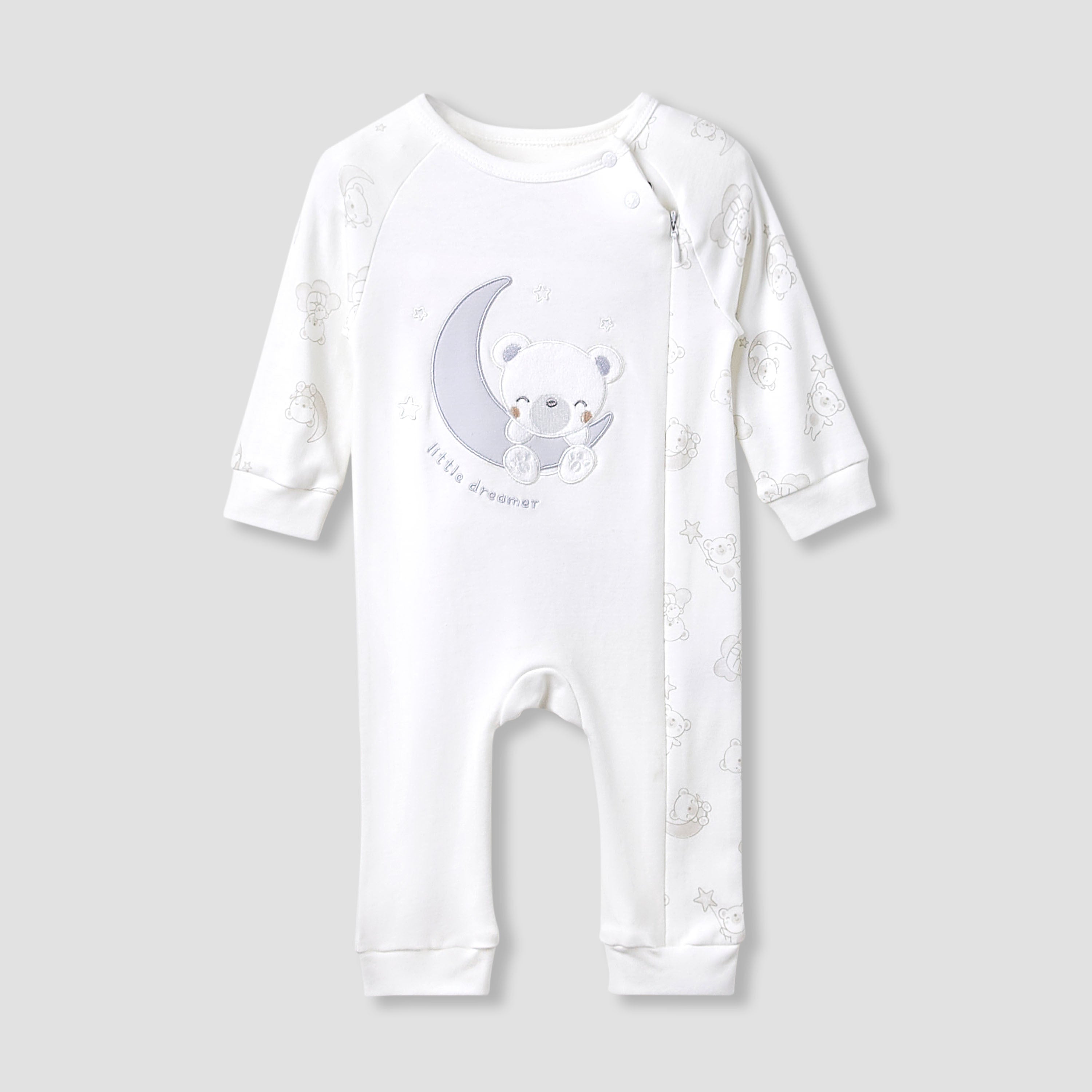 Giggles Round Neck Sleepsuit with Bear Applique - Cotton - Long Sleeves - Grey / 9-12 mths