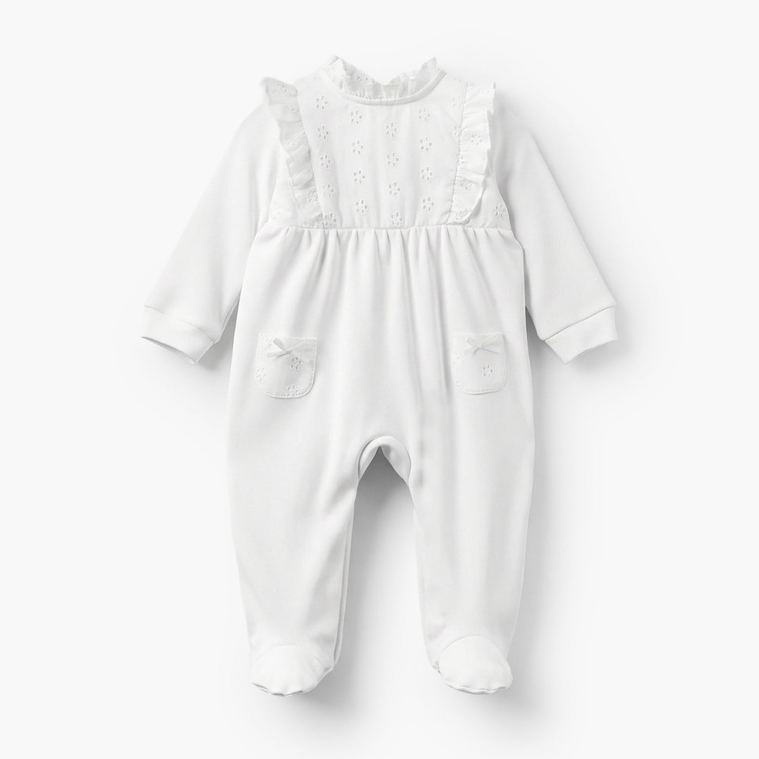 Juniors Cotton Ruffle Neck Long Sleeves Sleepsuit with Schiffli Embroidery - White / 9-12 mths