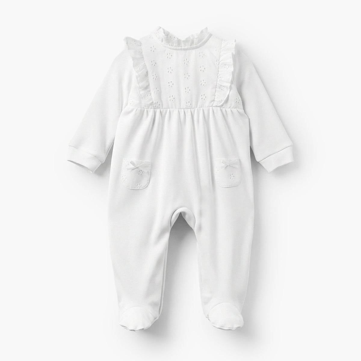 Juniors Cotton Ruffle Neck Long Sleeves Sleepsuit with Schiffli Embroidery - White / 9-12 mths