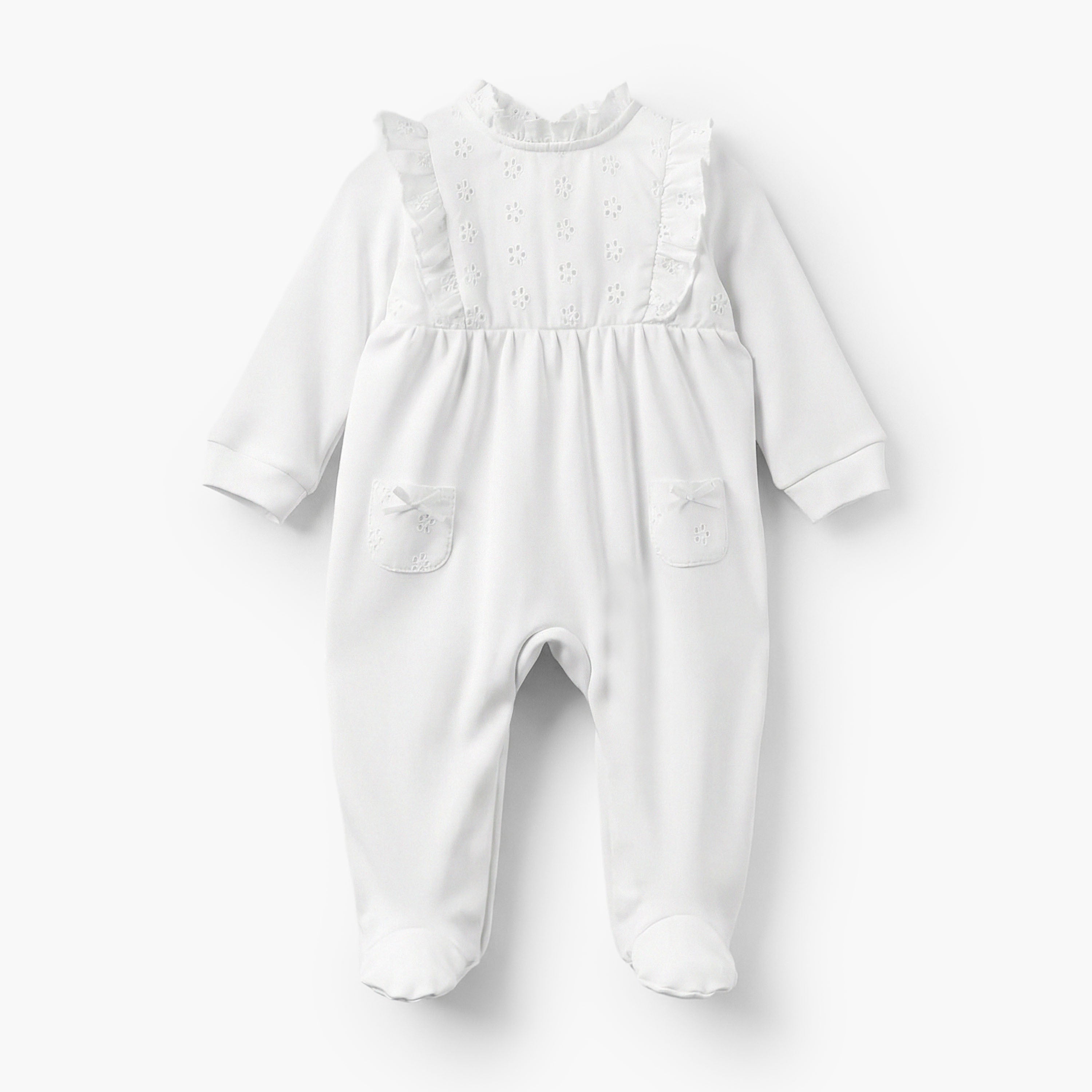 Juniors Cotton Ruffle Neck Long Sleeves Sleepsuit with Schiffli Embroidery
