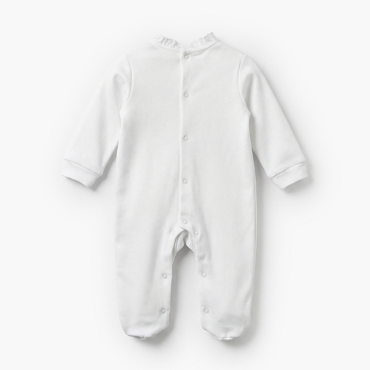 Juniors Cotton Ruffle Neck Long Sleeves Sleepsuit with Schiffli Embroidery