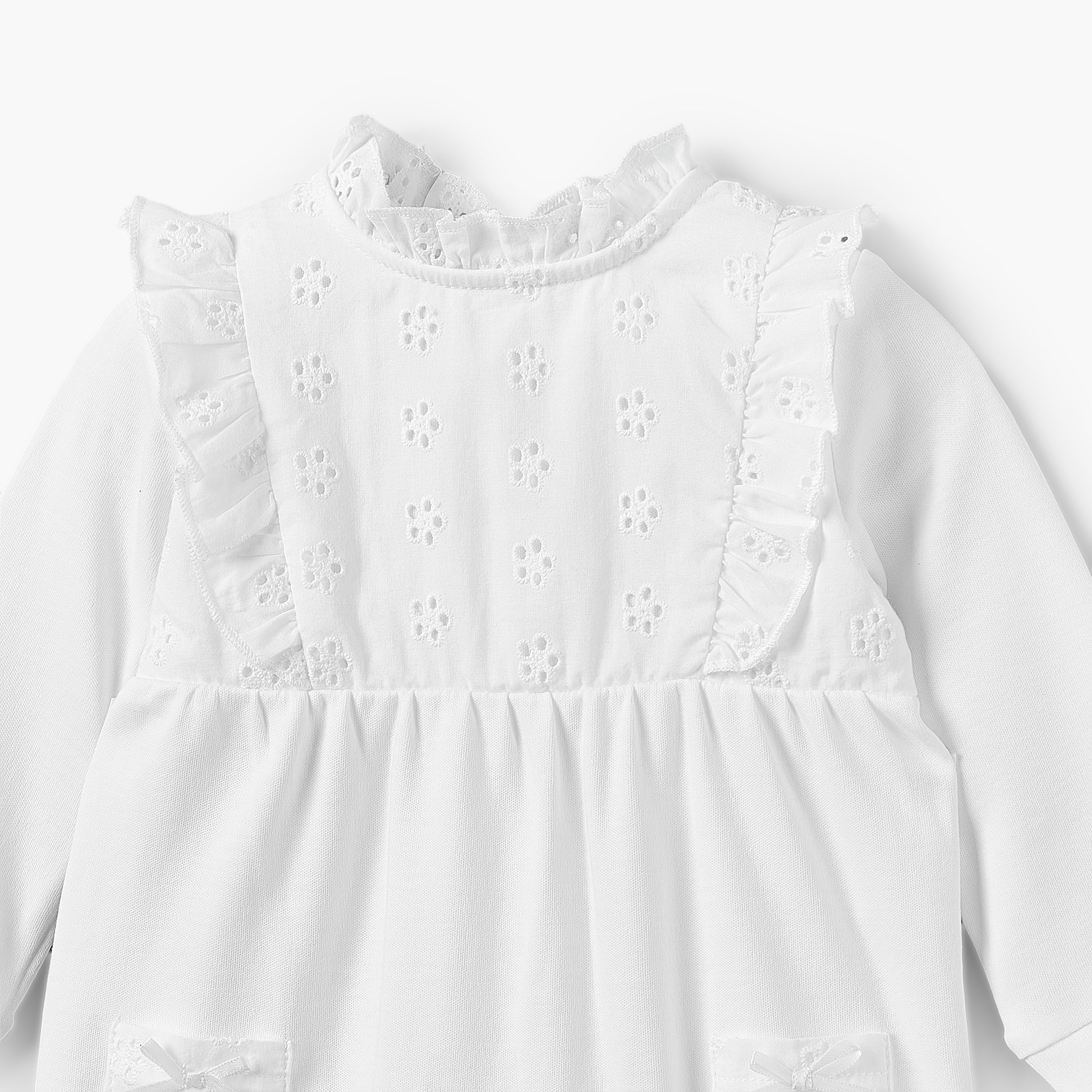 Juniors Cotton Ruffle Neck Long Sleeves Sleepsuit with Schiffli Embroidery