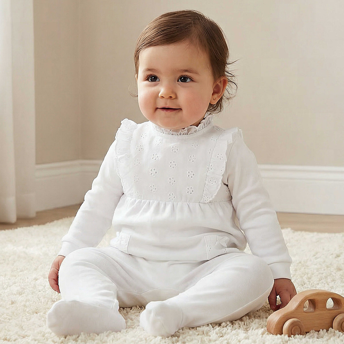 Juniors Cotton Ruffle Neck Long Sleeves Sleepsuit with Schiffli Embroidery