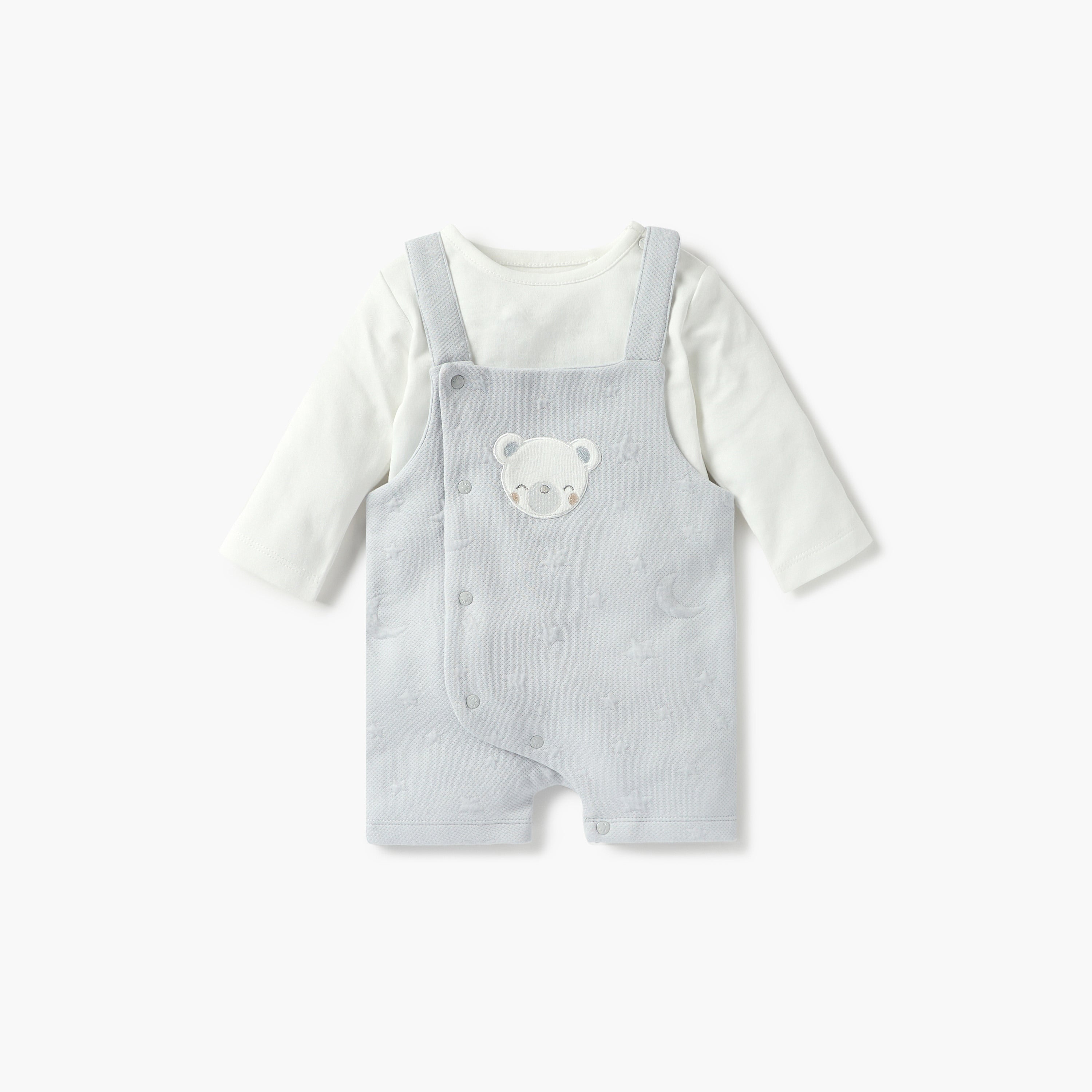 Giggles Bear Applique Dungaree and Long Sleeves T-shirt Set