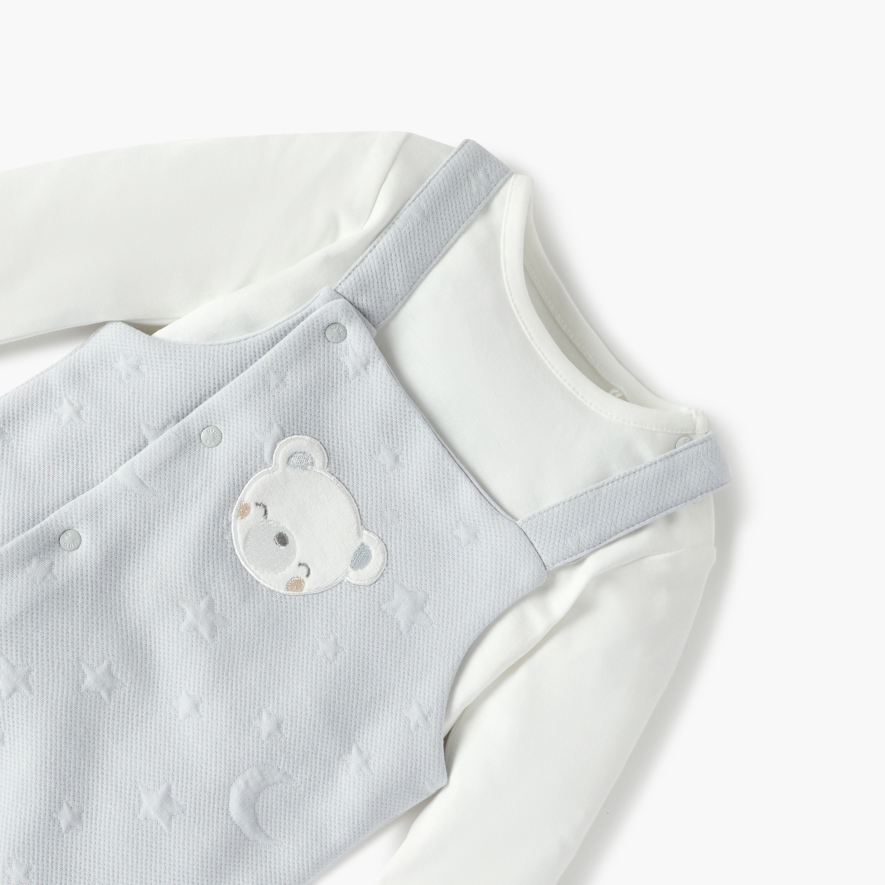 Giggles Bear Applique Dungaree and Long Sleeves T-shirt Set
