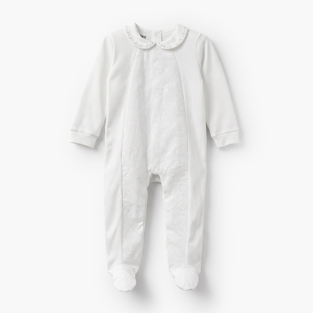 Giggles Cotton Peter Pan Collar Long Sleeves Sleepsuit with Embroidered Detail - White / 9-12 mths