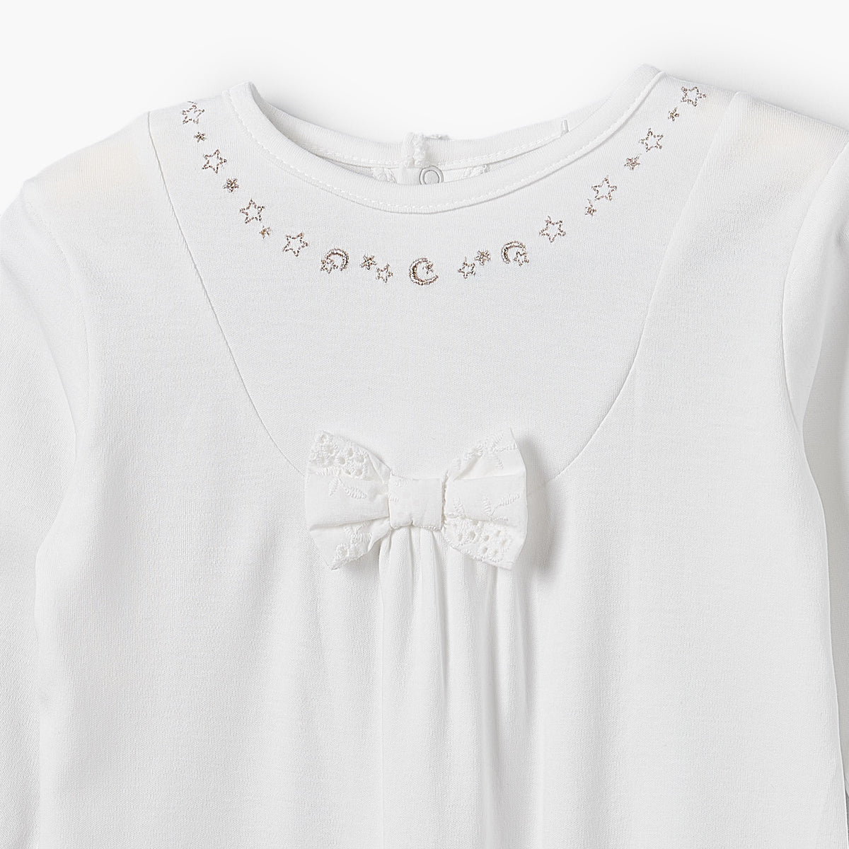 Giggles Cotton Round Neck Long Sleeves Sleepsuit with Moon and Star Embroidery