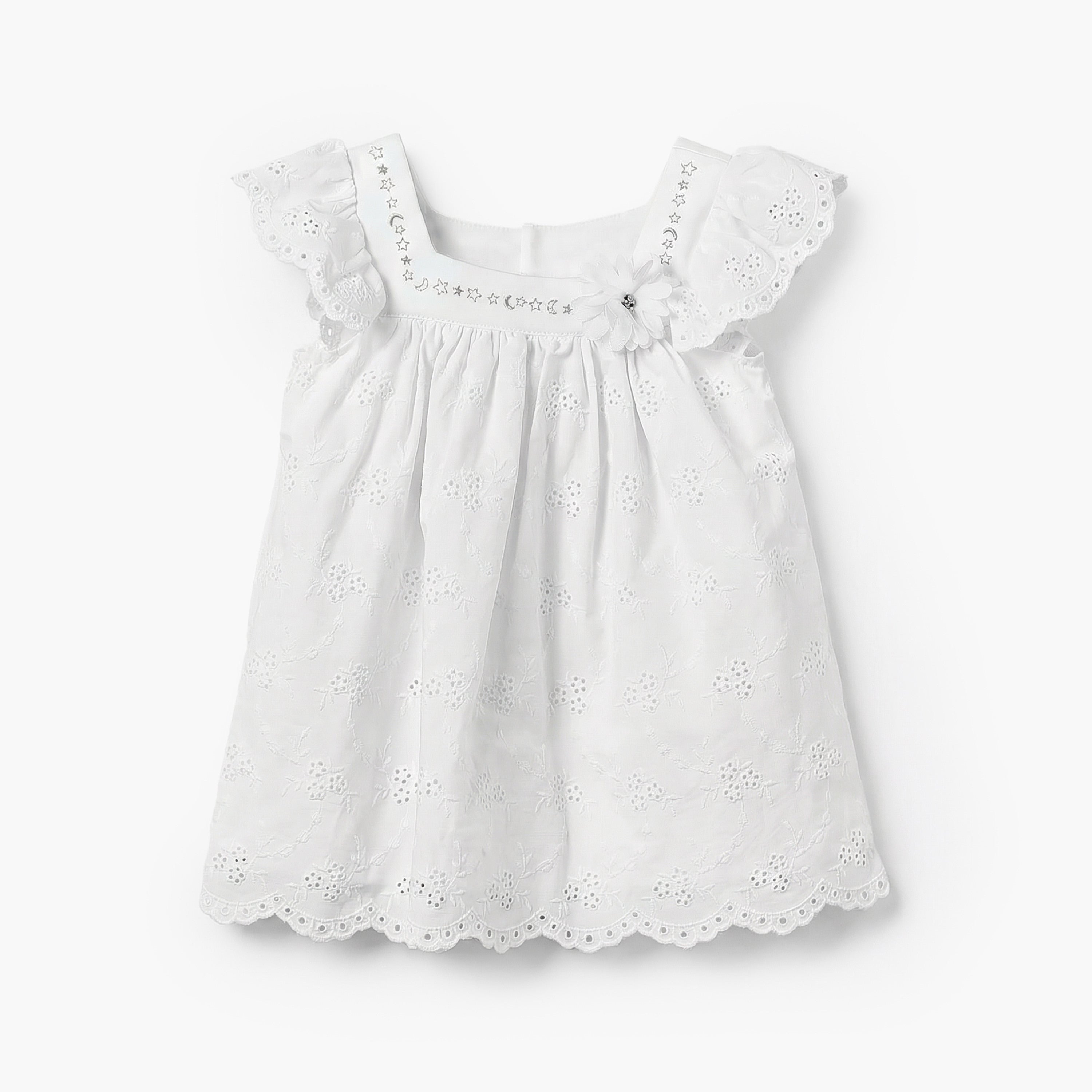 Giggles Square Neck Short Sleeves A-line Dress with Schiffli Embroidery - White / 12-18 mths