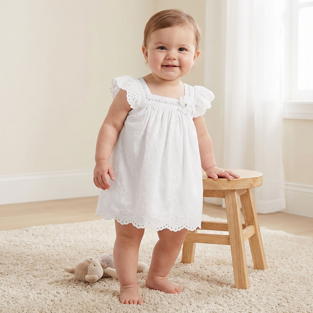 Giggles Square Neck Short Sleeves A-line Dress with Schiffli Embroidery