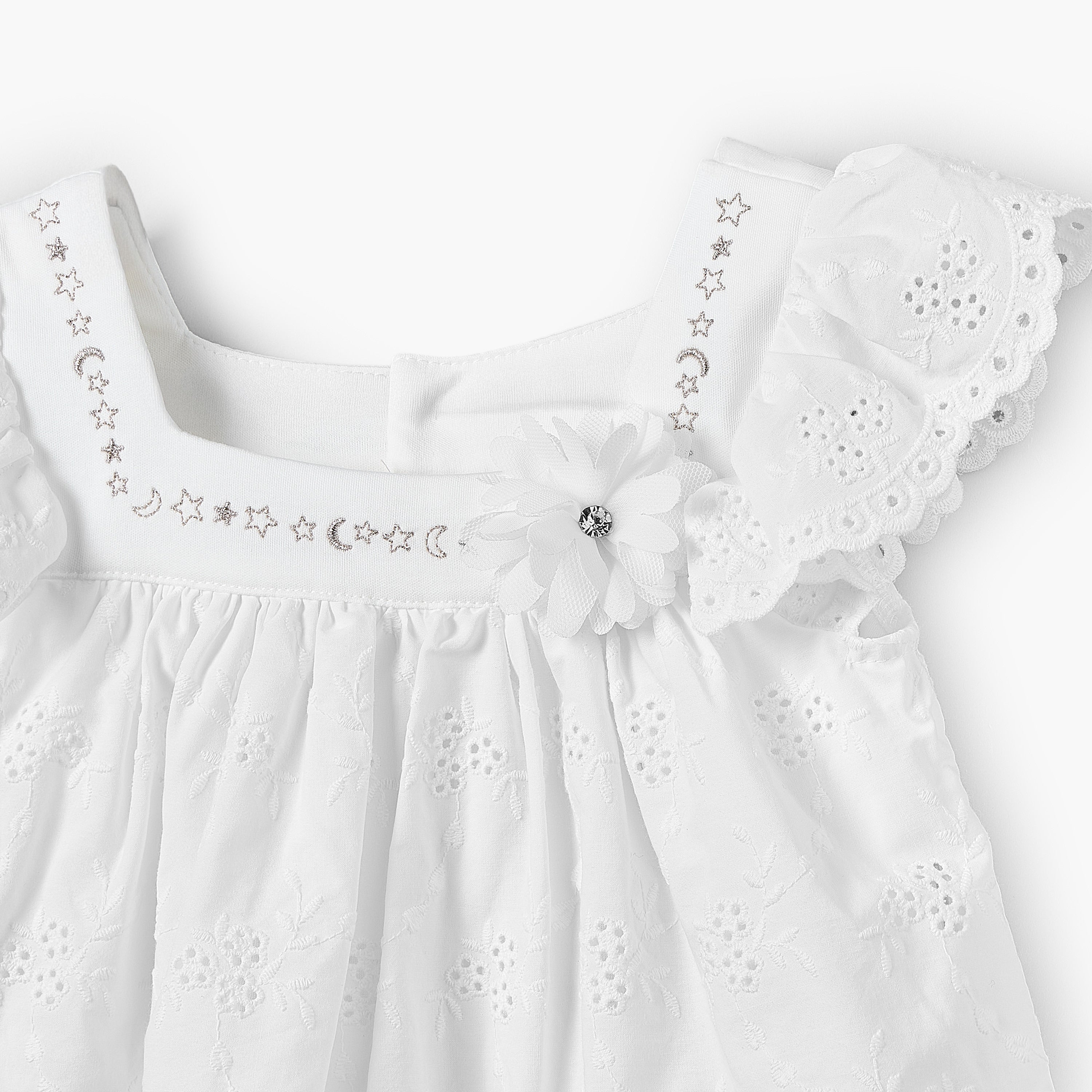 Giggles Square Neck Short Sleeves A-line Dress with Schiffli Embroidery