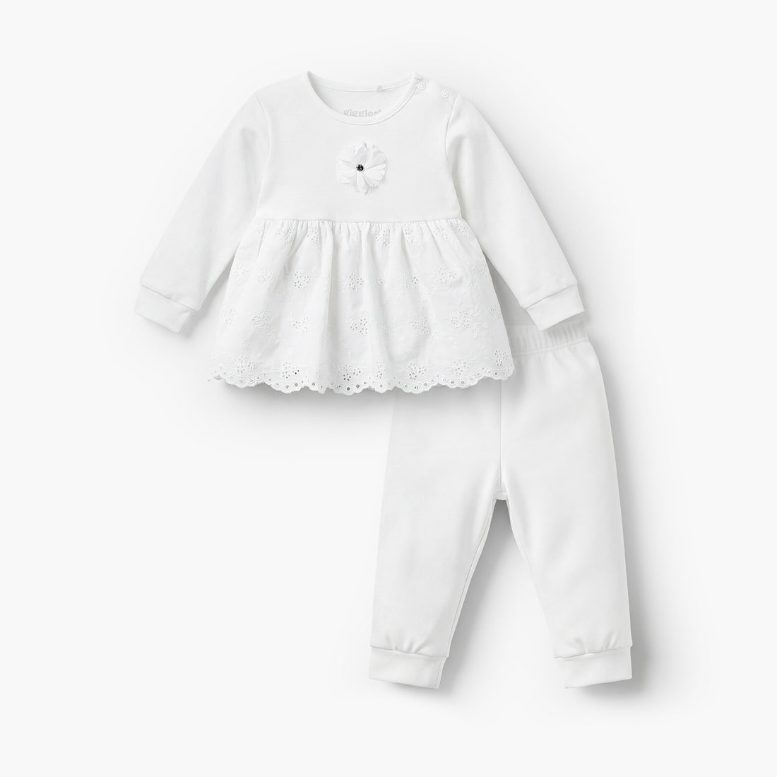 Giggles Cotton Round Neck Long Sleeves Pyjama Set with Embroidered Design - White / 12-18 mths