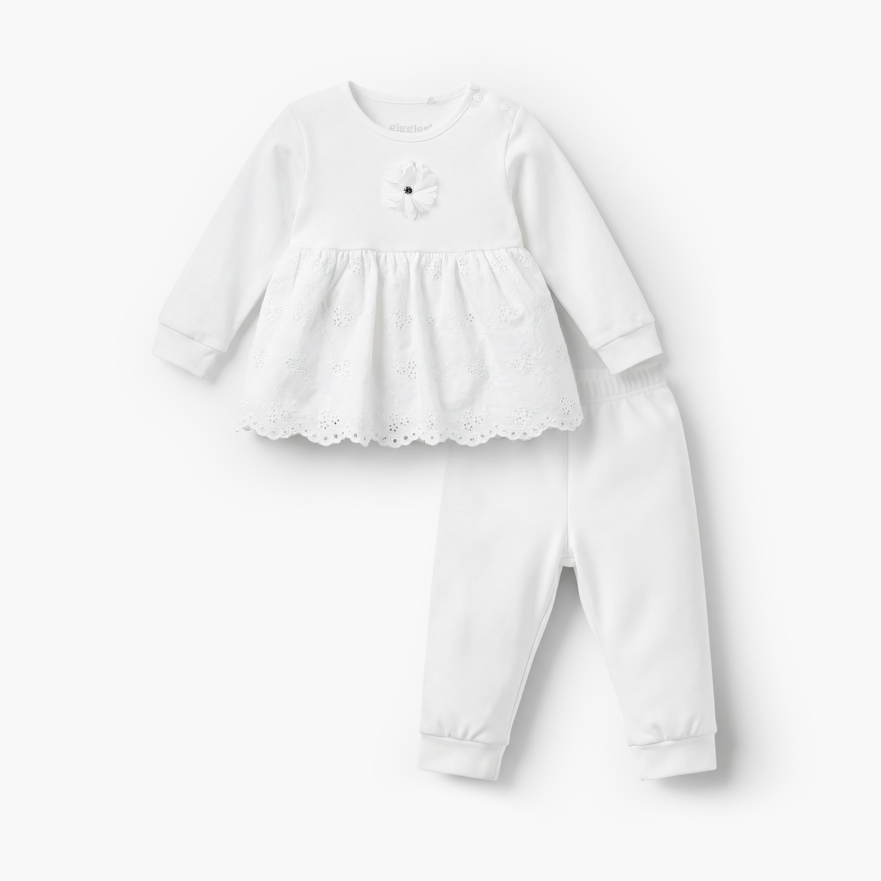 Giggles Cotton Round Neck Long Sleeves Pyjama Set with Embroidered Design - White / 12-18 mths