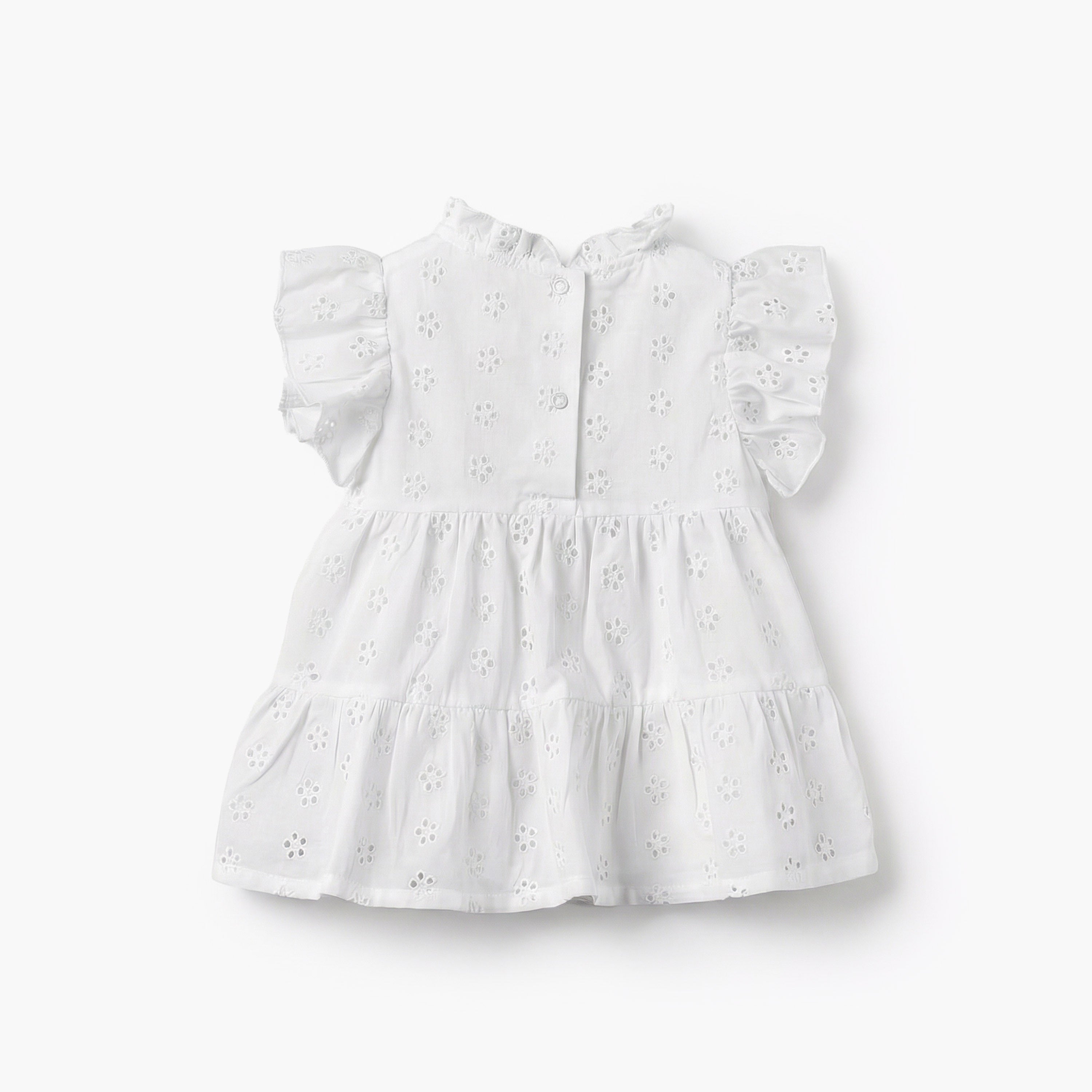 Juniors Ruffle Neck Short Sleeves A-line Dress with Schiffli Embroidery