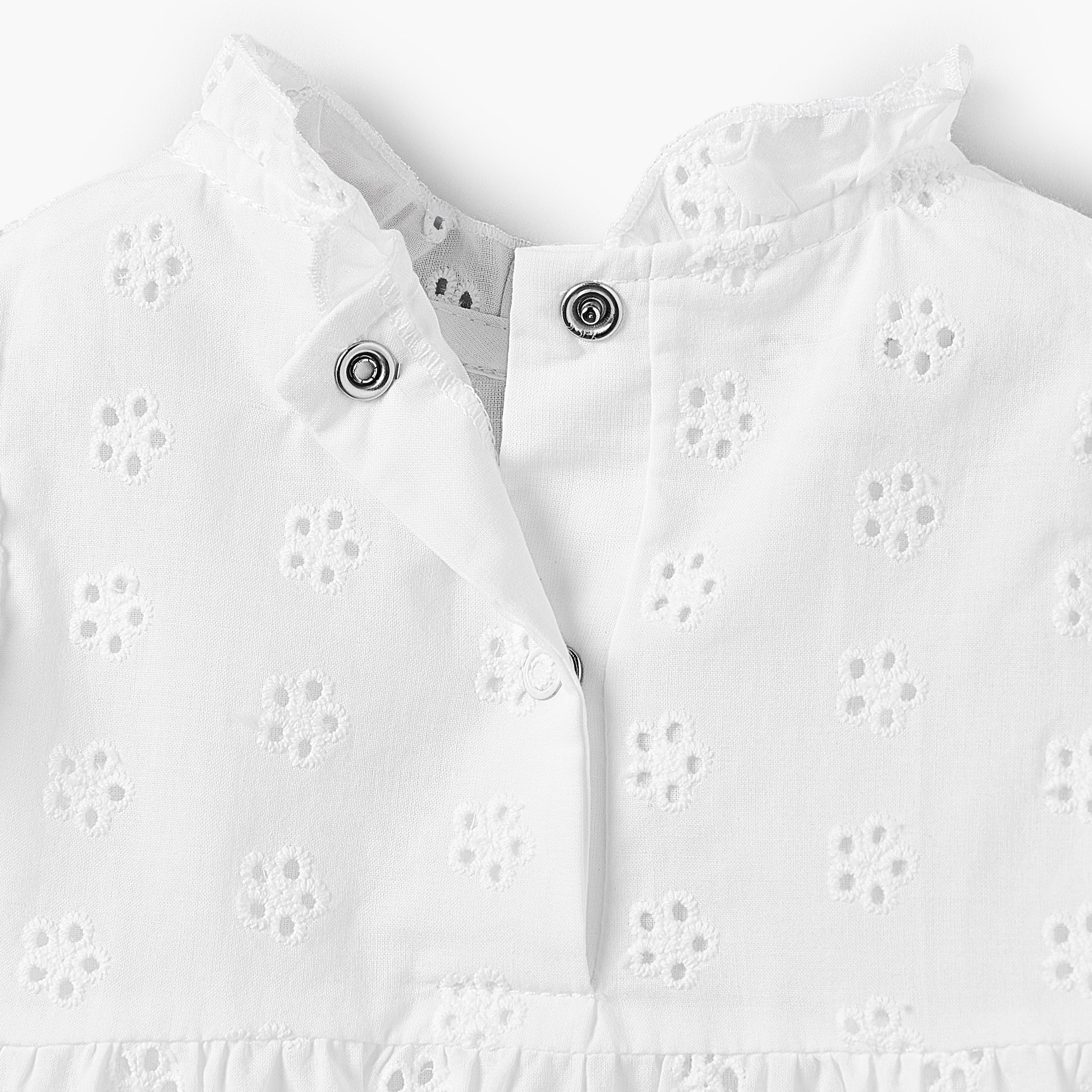 Juniors Ruffle Neck Short Sleeves A-line Dress with Schiffli Embroidery