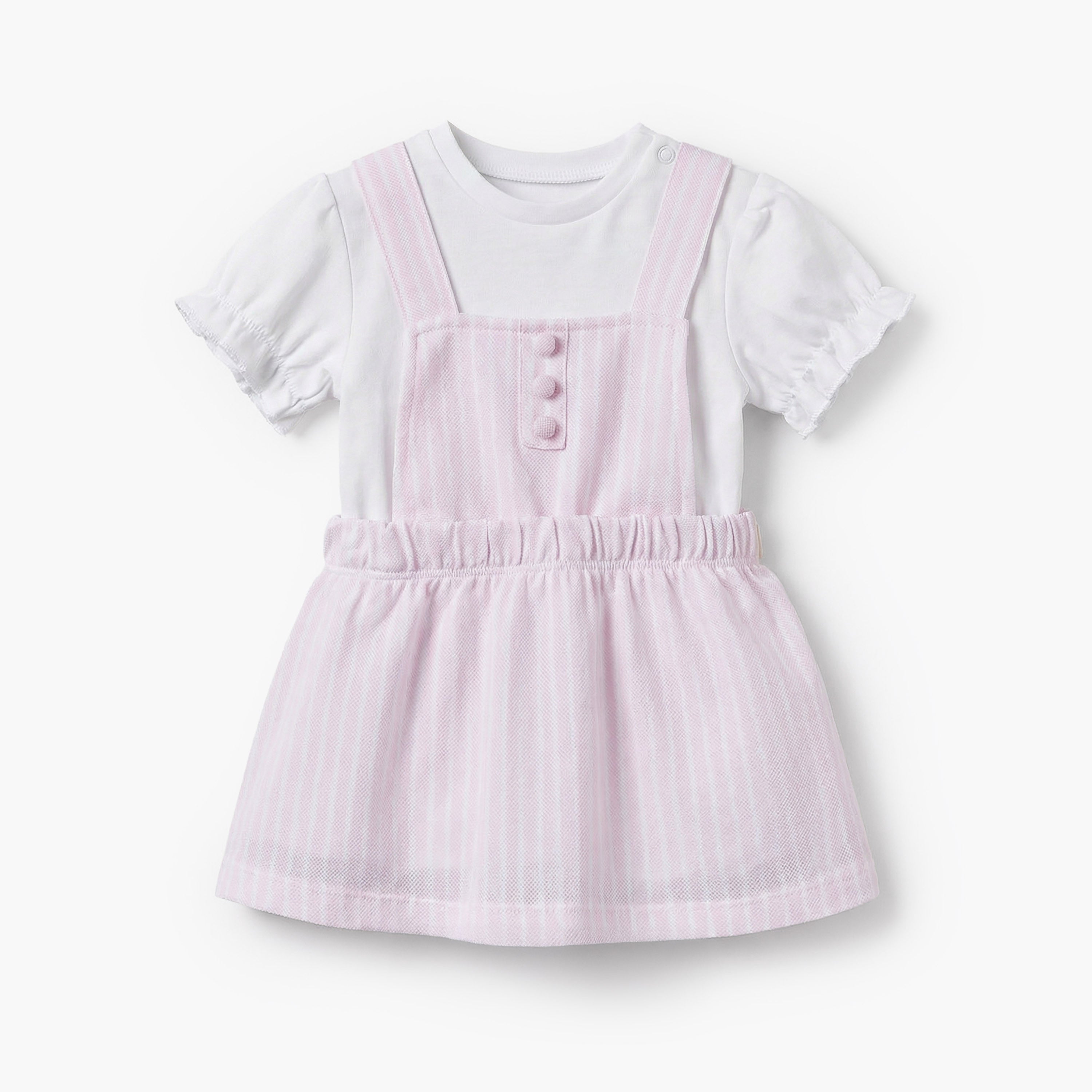 Juniors Round Neck Short Sleeves T-shirt and Pinafore Set with Stripes