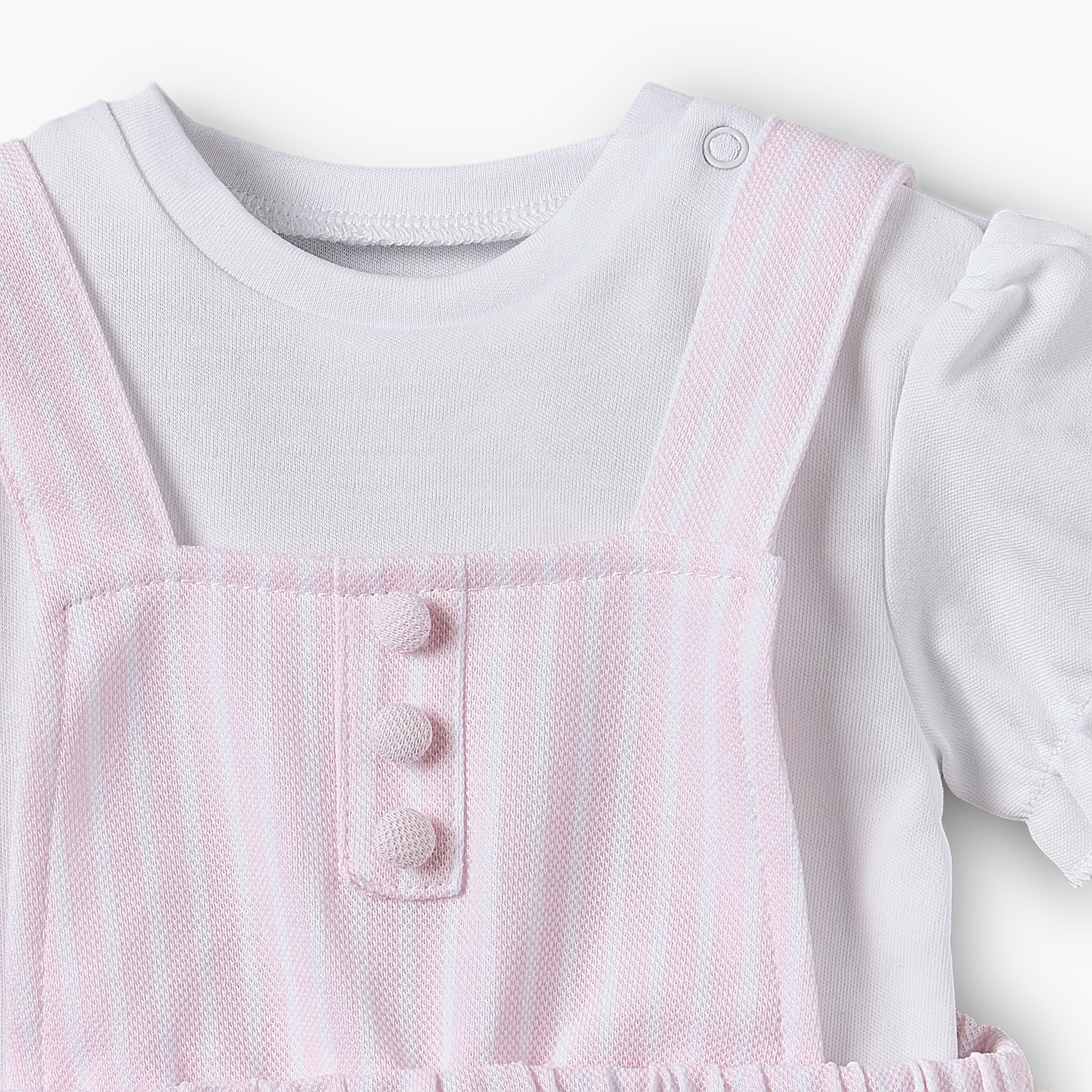 Juniors Round Neck Short Sleeves T-shirt and Pinafore Set with Stripes
