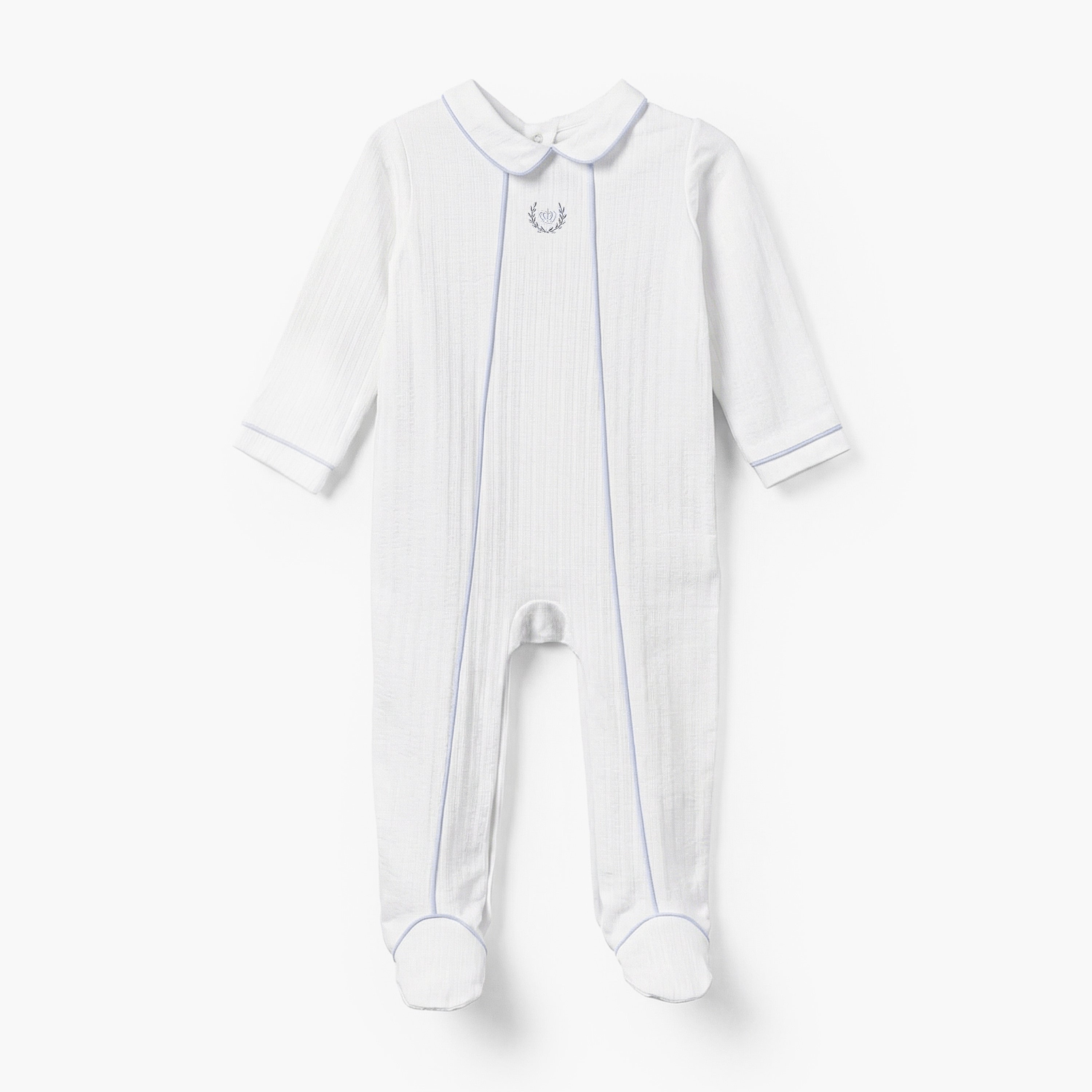 Giggles Cotton Peter Pan Collar Long Sleeves Sleepsuit with Embroidered Detail - Grey / 9-12 mths