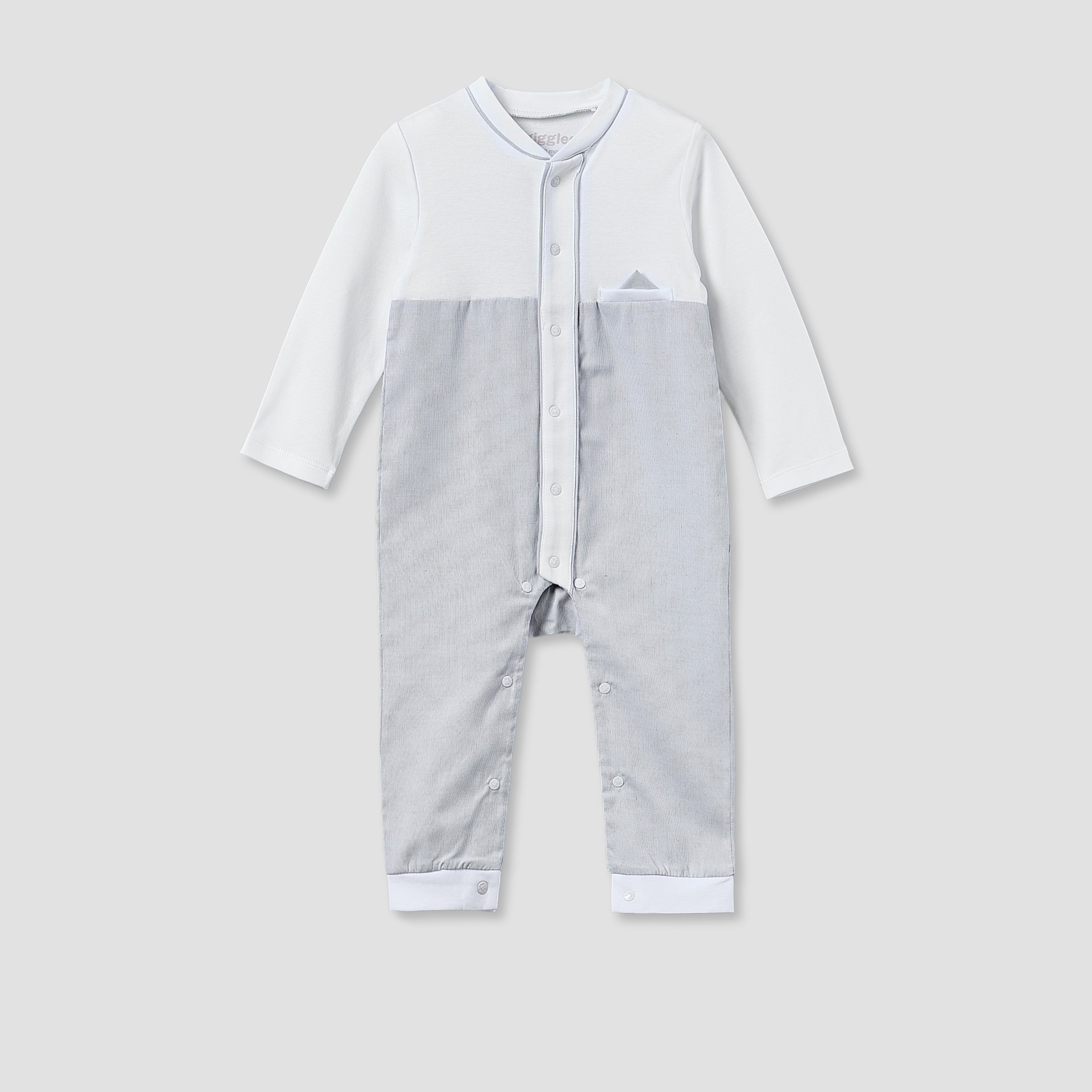 Giggles Cotton Mandarin Collar Long Sleeves Sleepsuit with Snap Button Closure - Grey / 12-18 mths