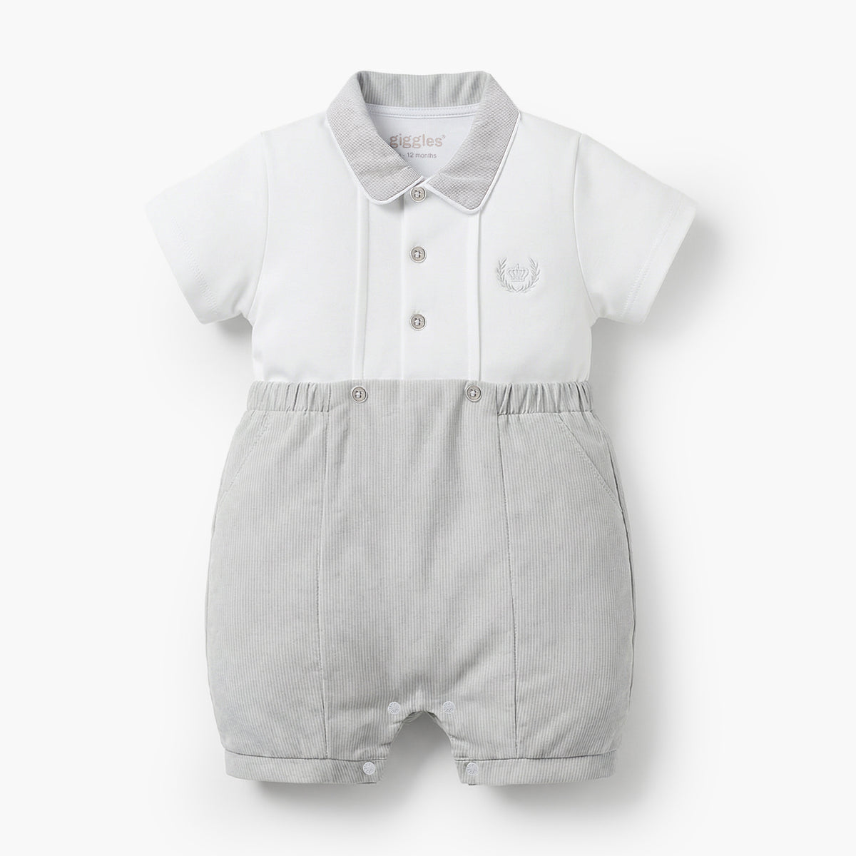 Giggles Collared Short Sleeves Romper with Embroidery Detail