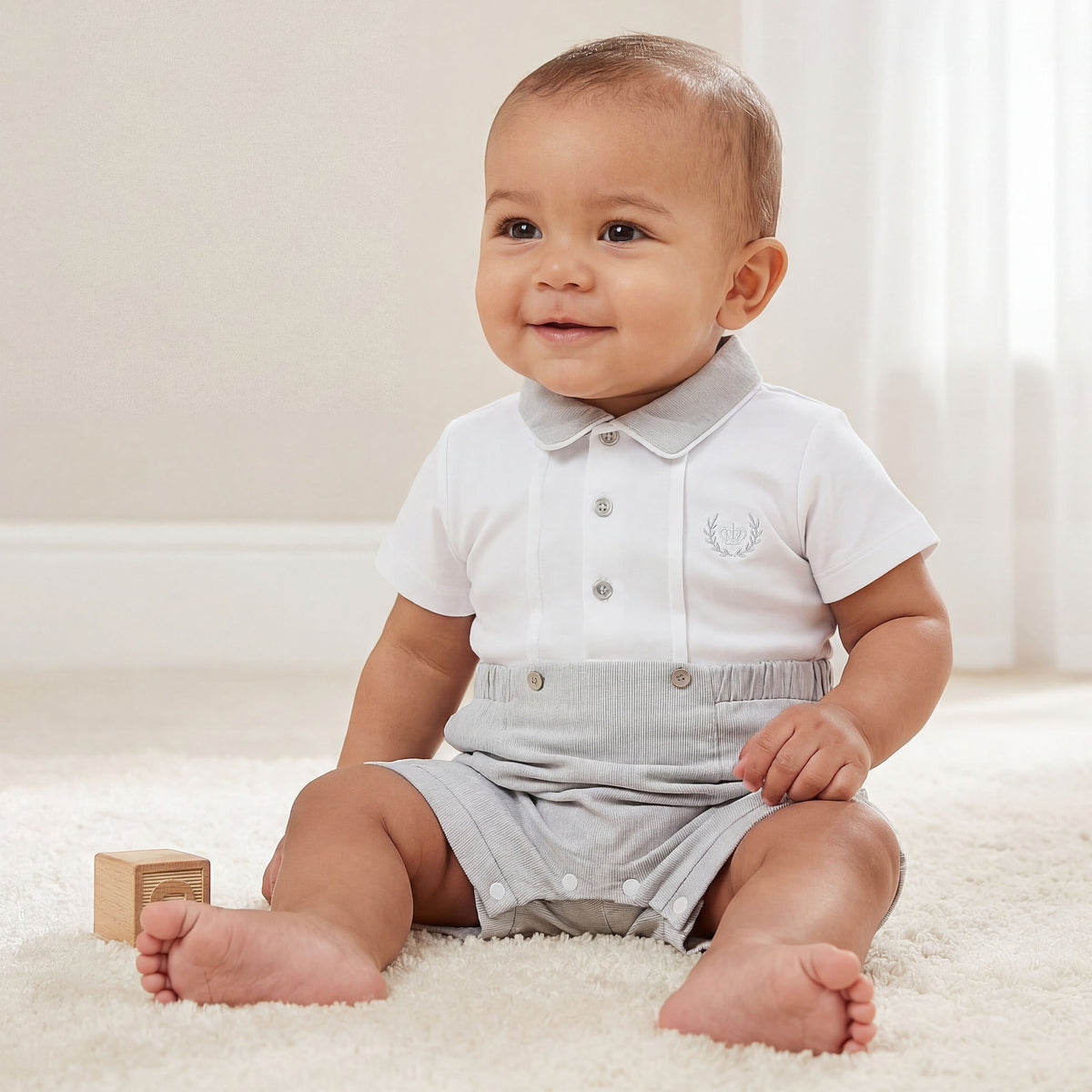 Giggles Collared Short Sleeves Romper with Embroidery Detail
