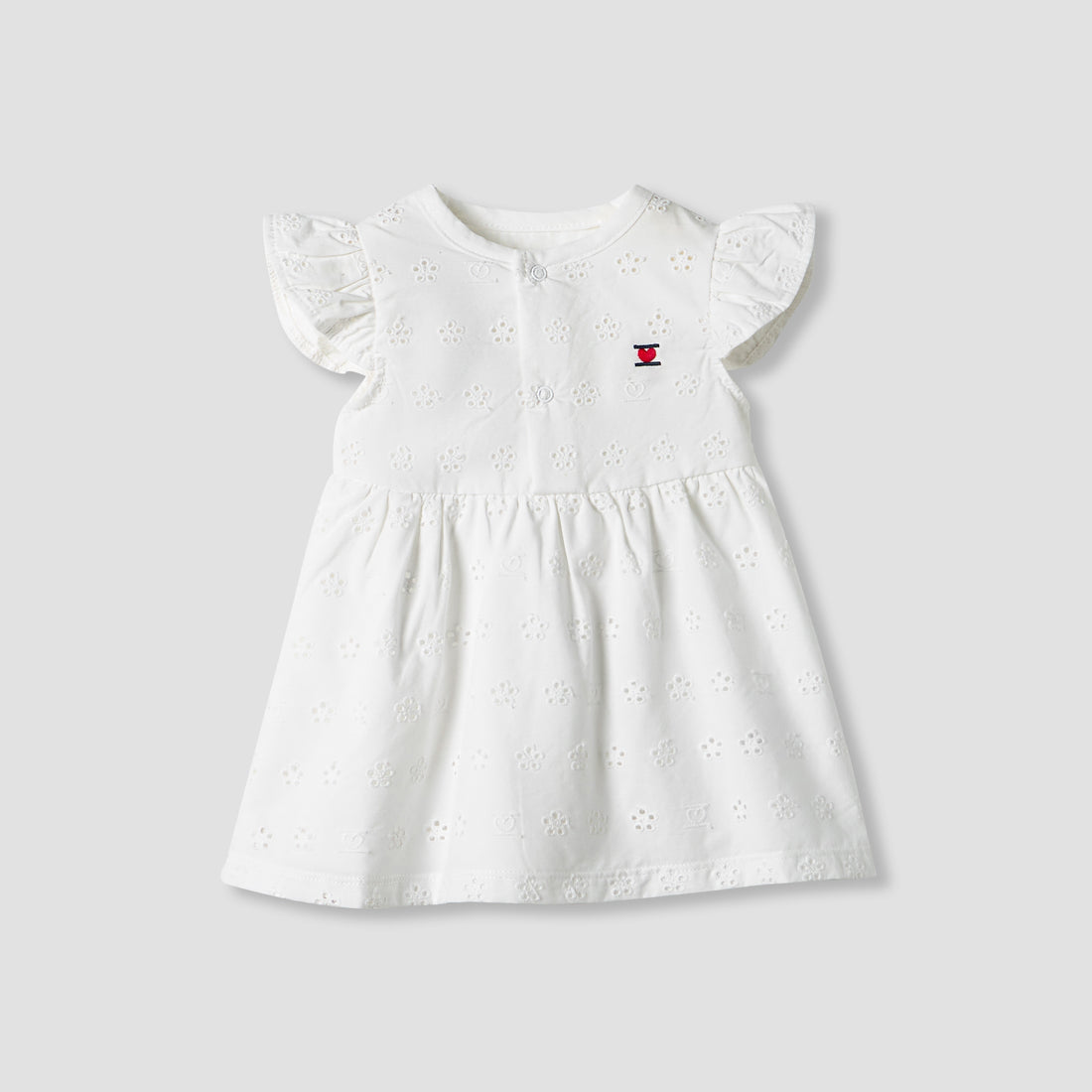 Juniors Girls Dress with Schiffli Texture - Cotton - Cap Sleeves - Round Neck - Knee Length - White / 12-18 mths